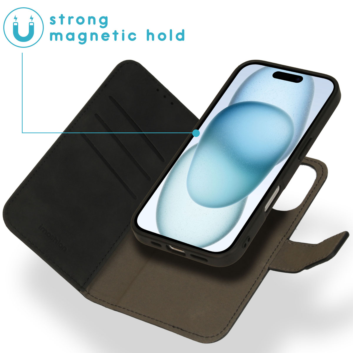 Ein Telefon in einer schwarzen Hülle, geöffnet, um den Bildschirm zu zeigen, mit einem Magnet-Halt-Label.