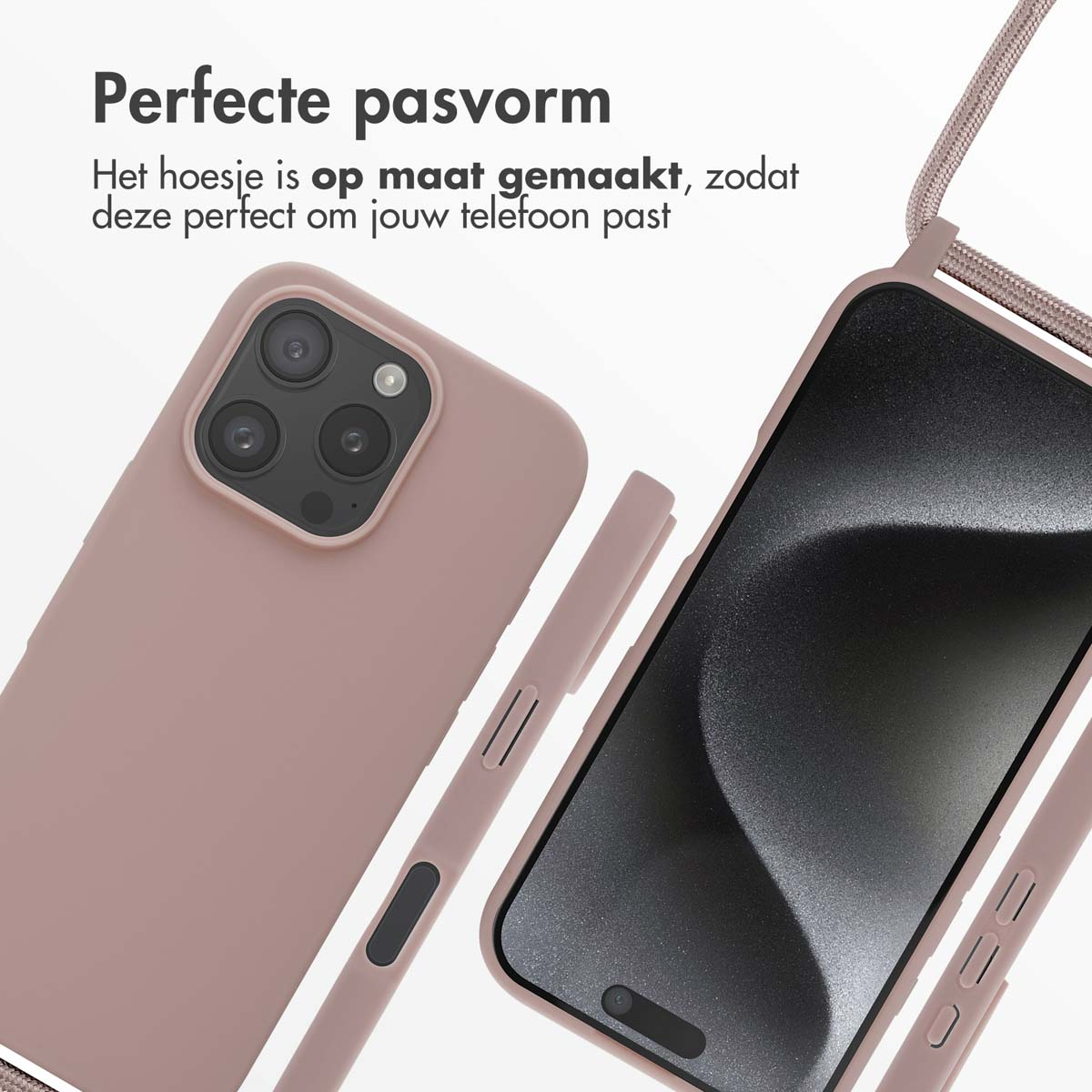 Coque de téléphone et téléphone avec cordon, ajustement parfait. Coque rose, écran noir.
