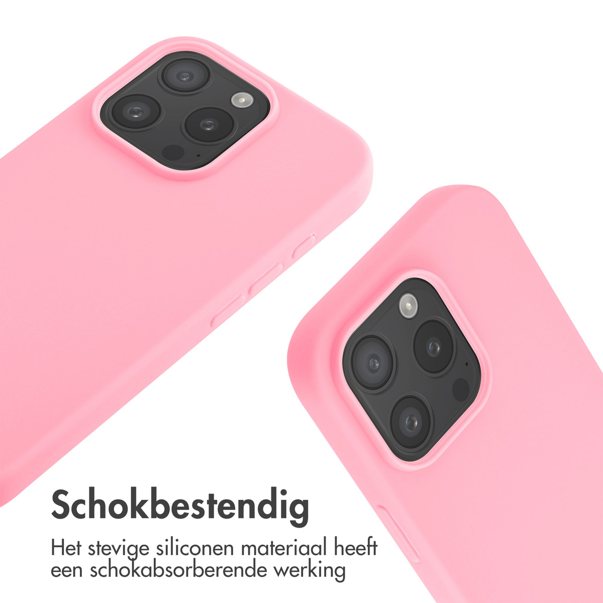 Deux coques de téléphone roses, une avec le texte "Schokbestendig" en néerlandais.