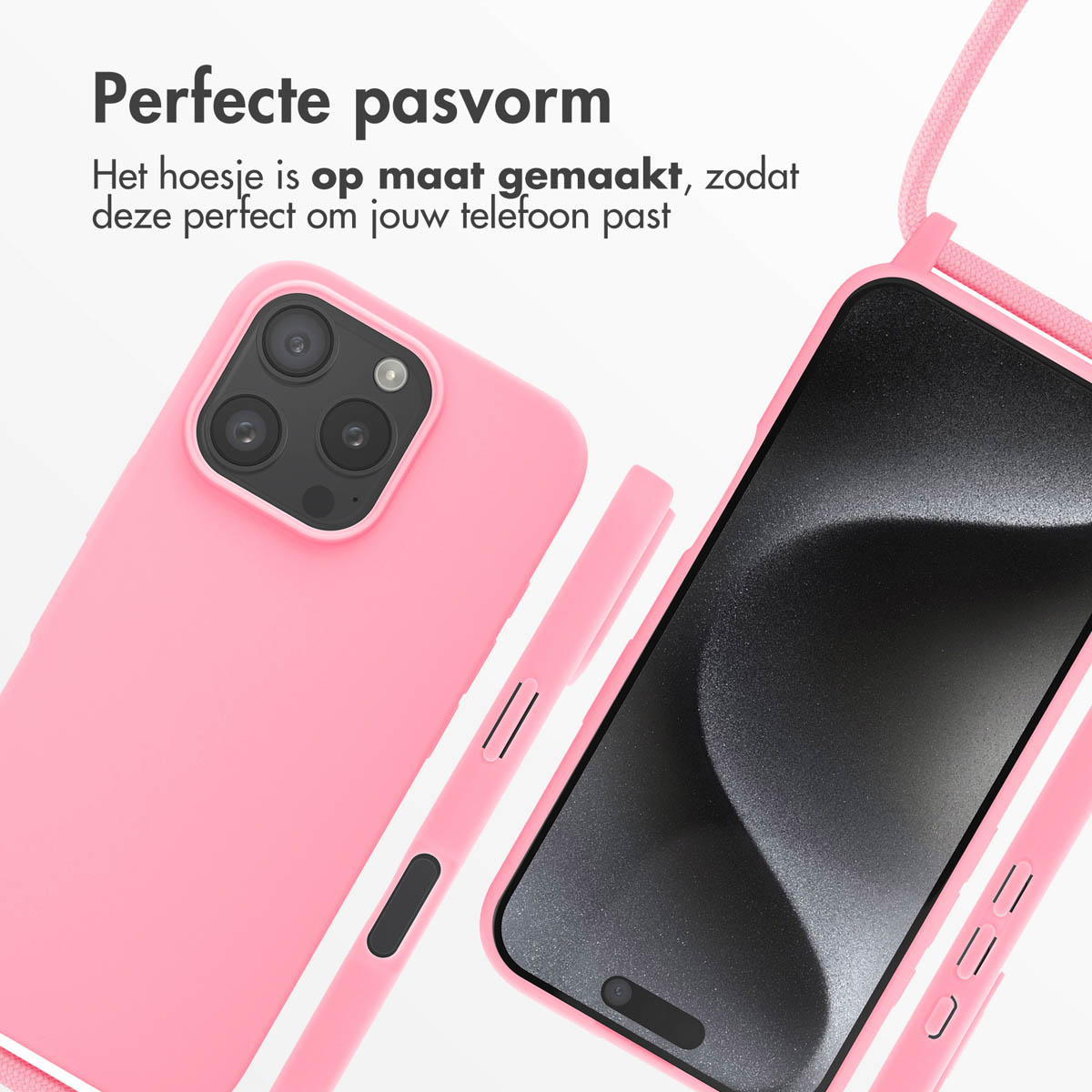 Coque de téléphone rose à côté d'un téléphone avec une sangle rose. Sur fond blanc.