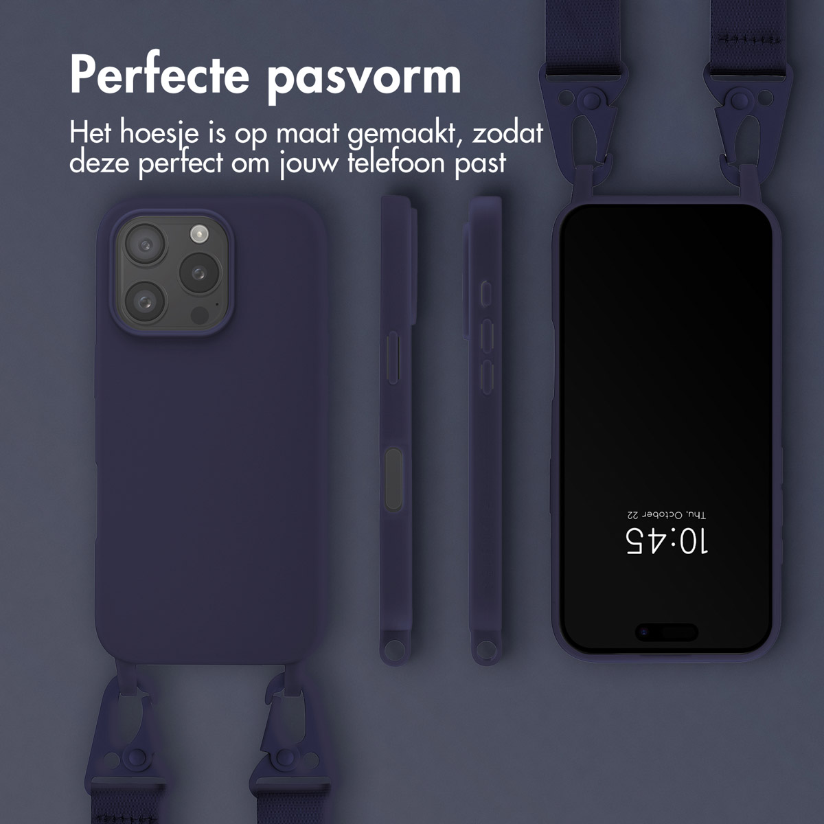 Een paarse telefoonhoes met band en een telefoon. De telefoon toont de tijd.