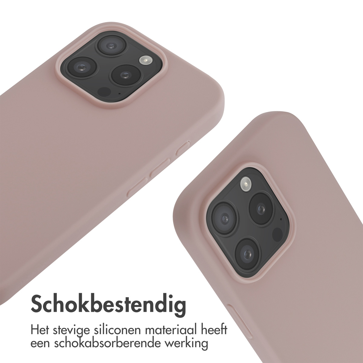 Deux coques de téléphone roses, texte néerlandais 'Schokbestendig', antichoc.
