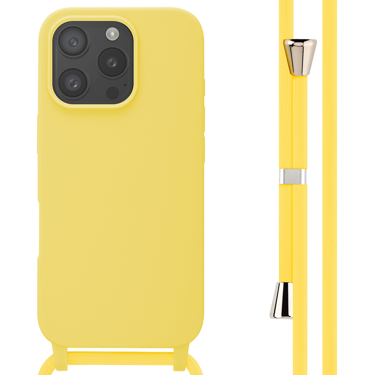 Coque de téléphone jaune avec objectifs d'appareil photo et cordon jaune.