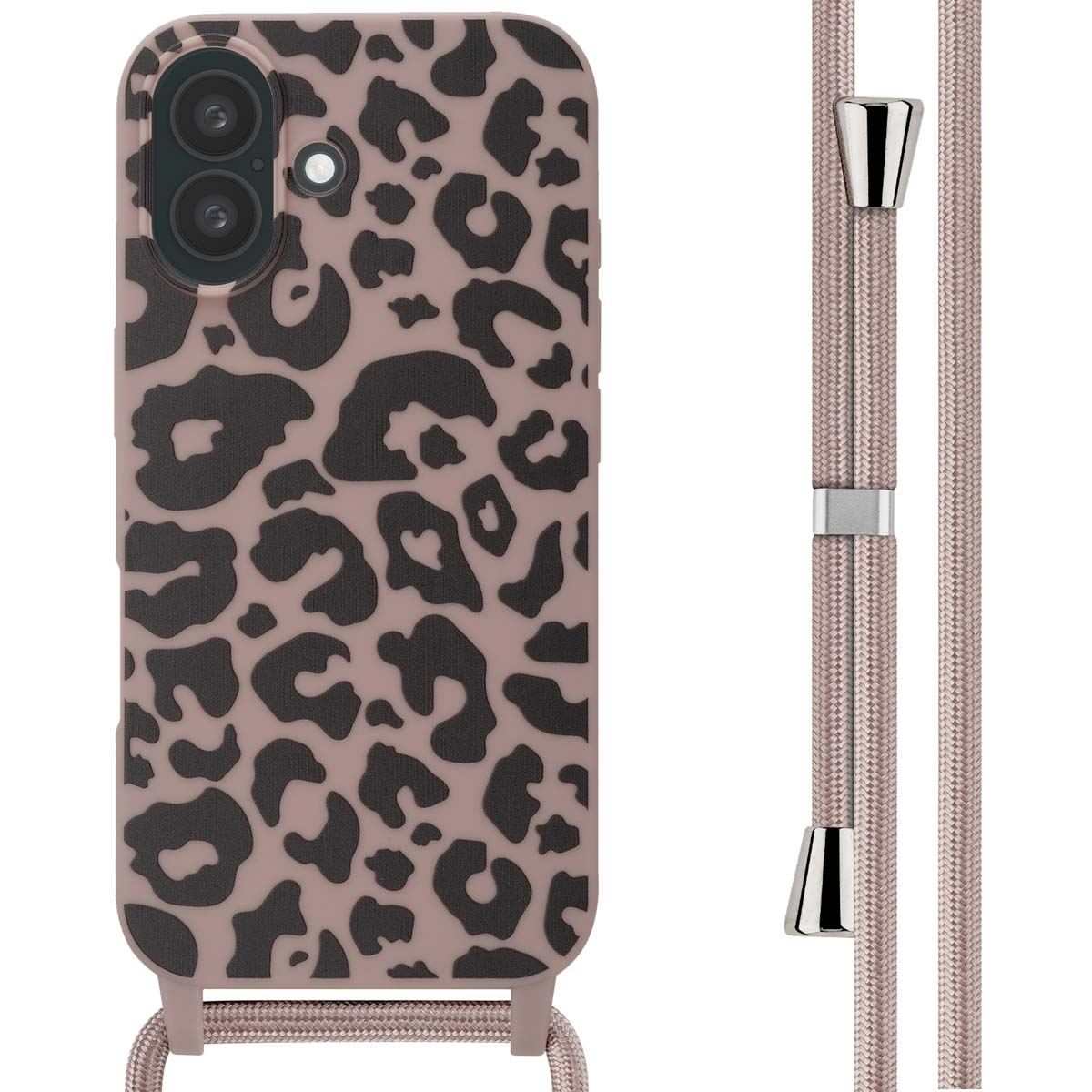 Telefoonhoesje met luipaardprint en een bijpassende band. Roze en zwart design.