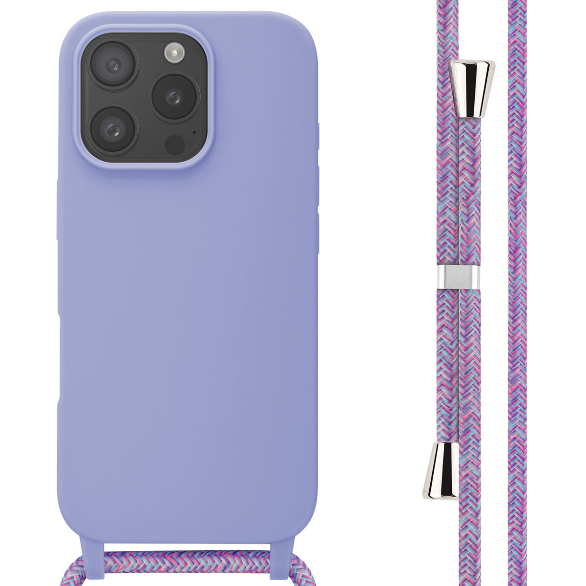 Lila telefoonhoesje met koord. Paars en roze touw. Zilveren accenten.