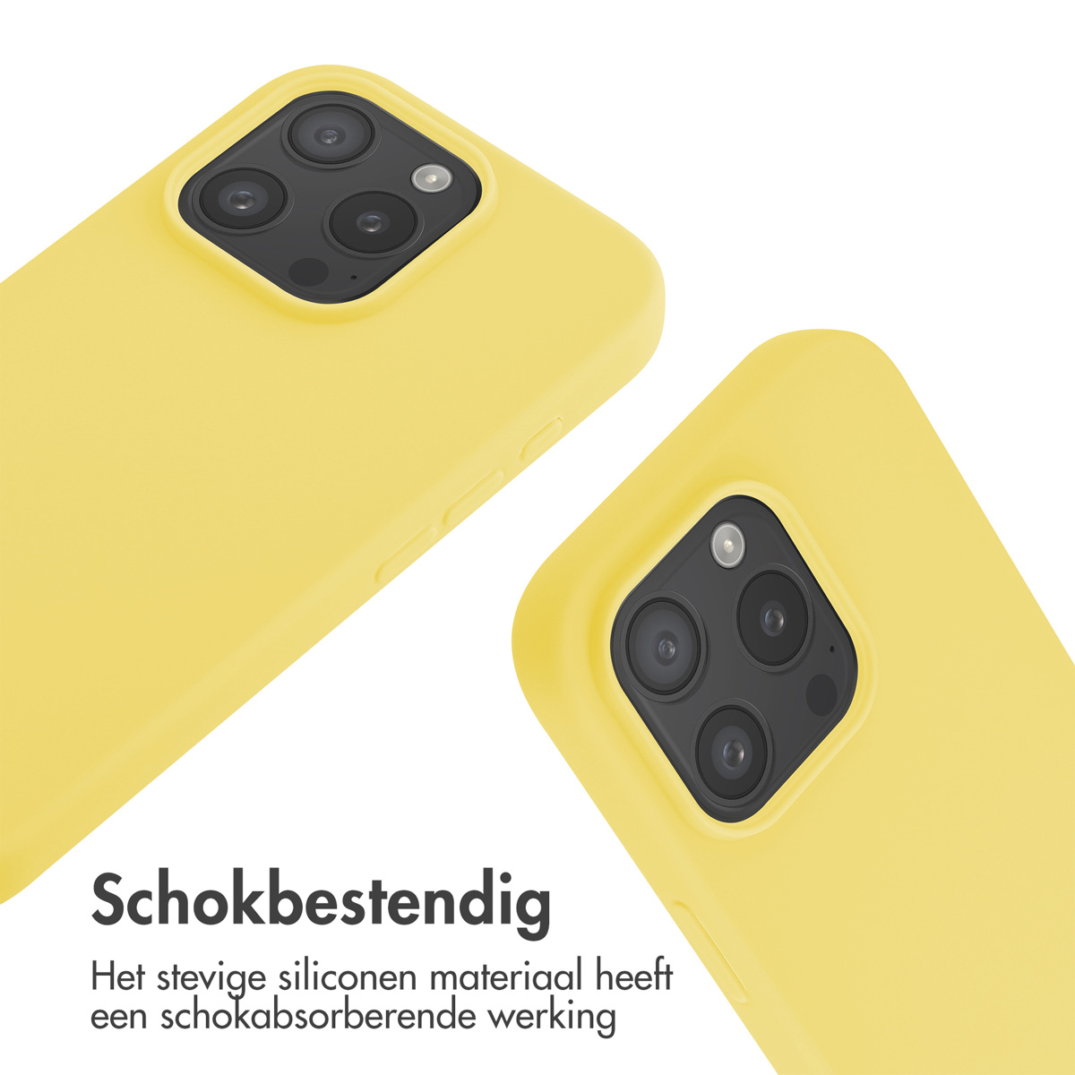 Deux coques de téléphone jaunes. Texte : Antichoc. Le silicone absorbe les chocs.