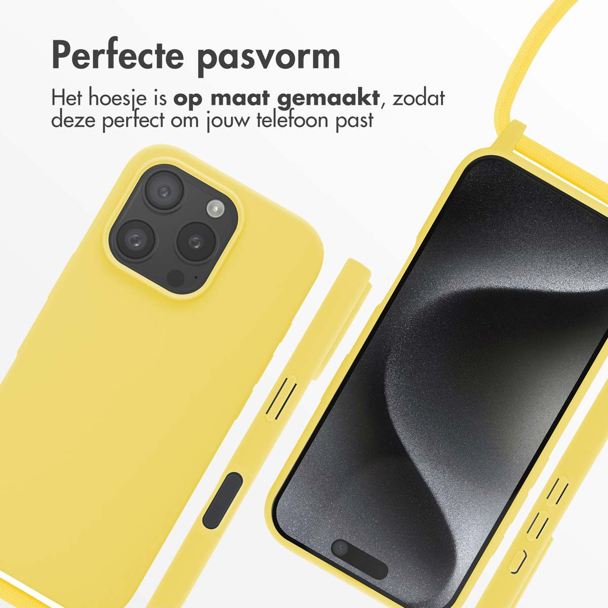 Coque de téléphone jaune avec téléphone et cordon, ajustement parfait montré.