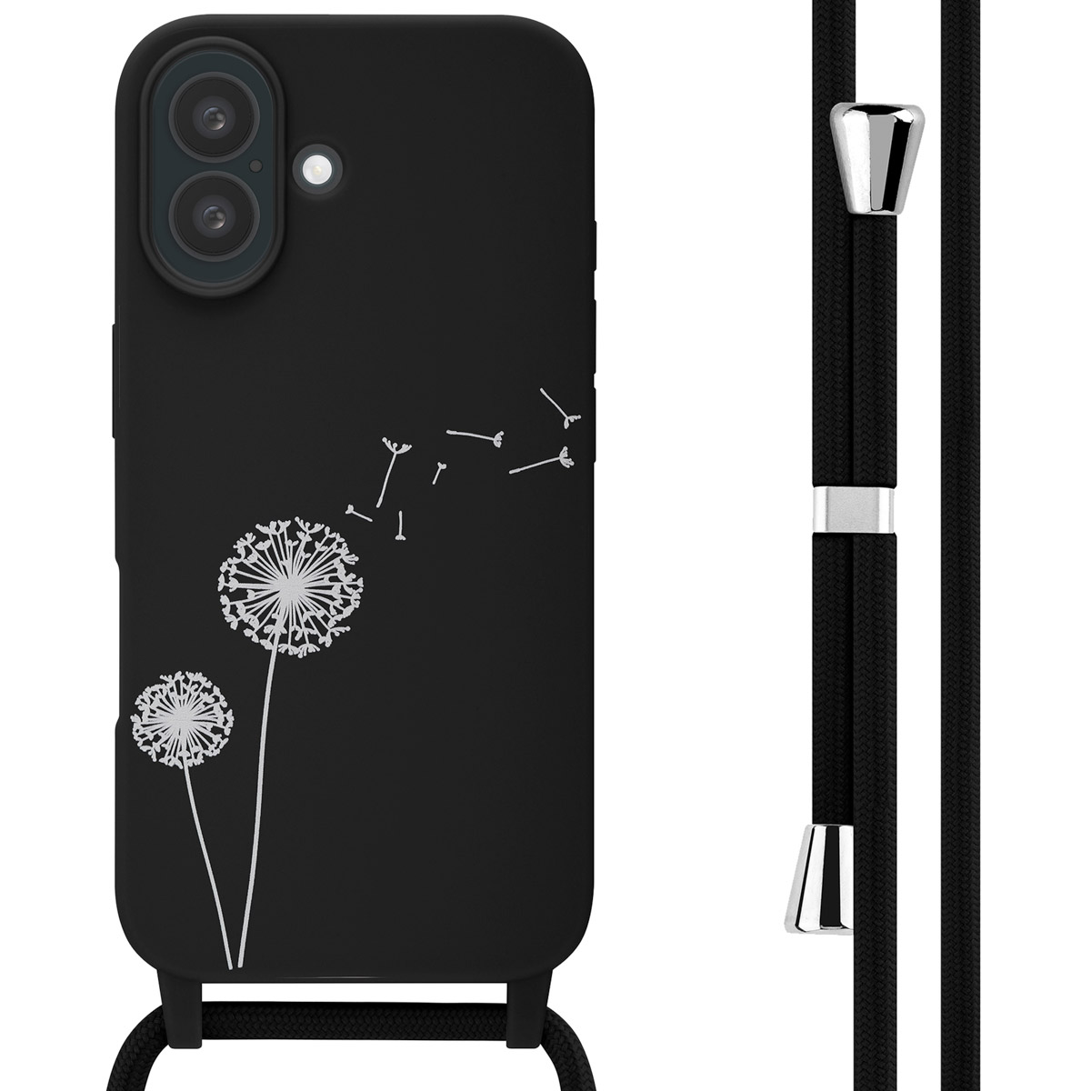 Zwarte telefoonhoes met paardenbloemontwerp en een zwarte band, witte achtergrond.