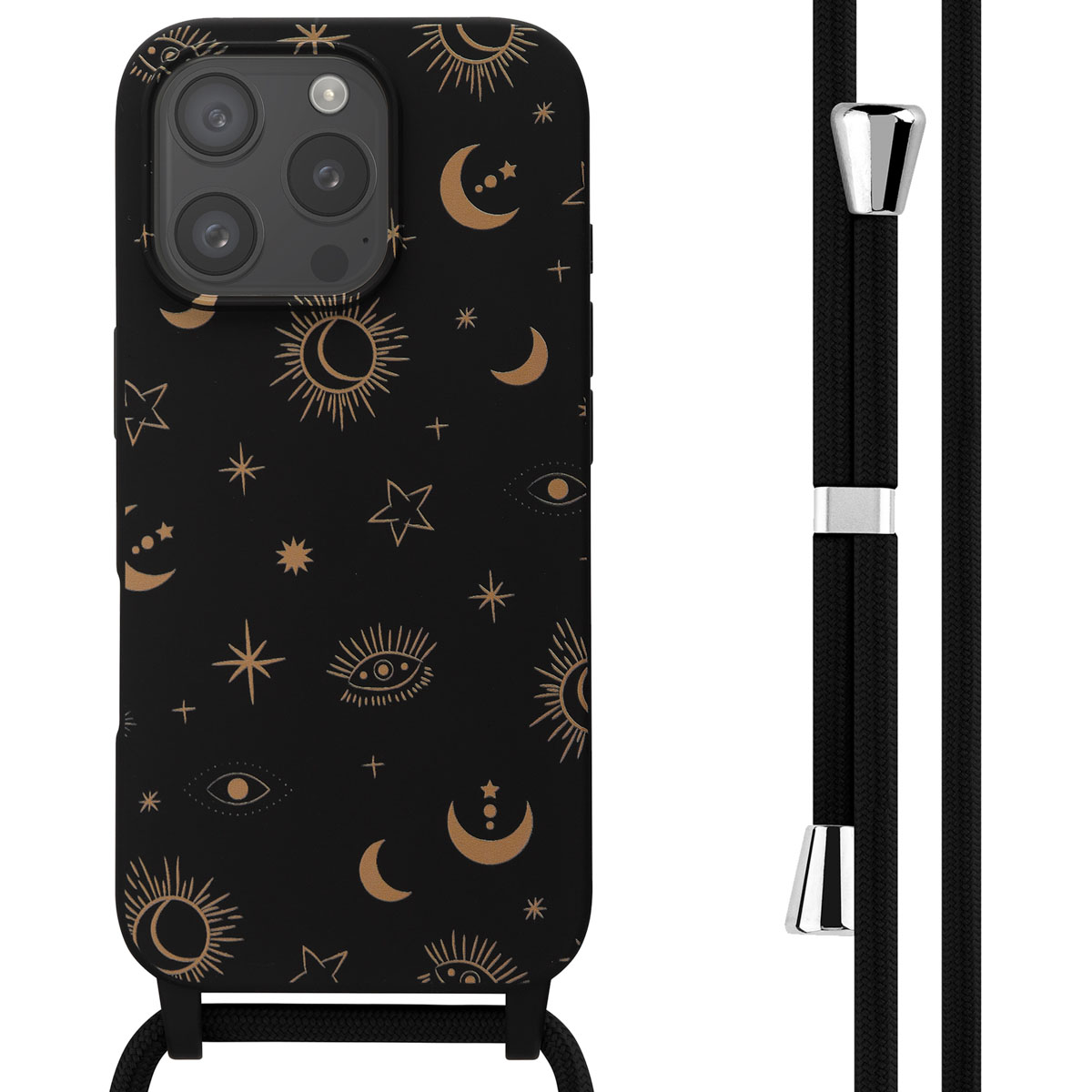 Zwarte telefoonhoes met een hemels ontwerp en zwart koord. De telefoon heeft meerdere camera's.