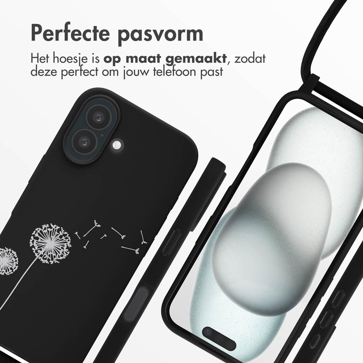 Zwarte telefoonhoes met een paardenbloemontwerp. Er zit een telefoon in. Een zwart koord is bevestigd.
