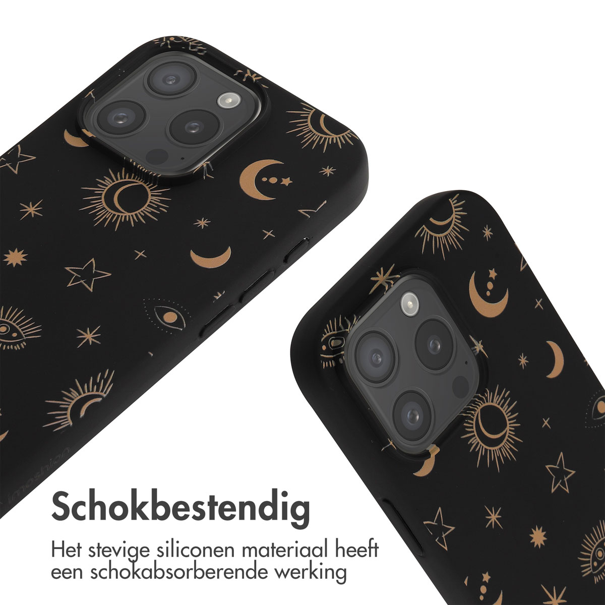 Zwarte telefoonhoesjes met gouden ontwerpen; sterren, manen en zonnen.
