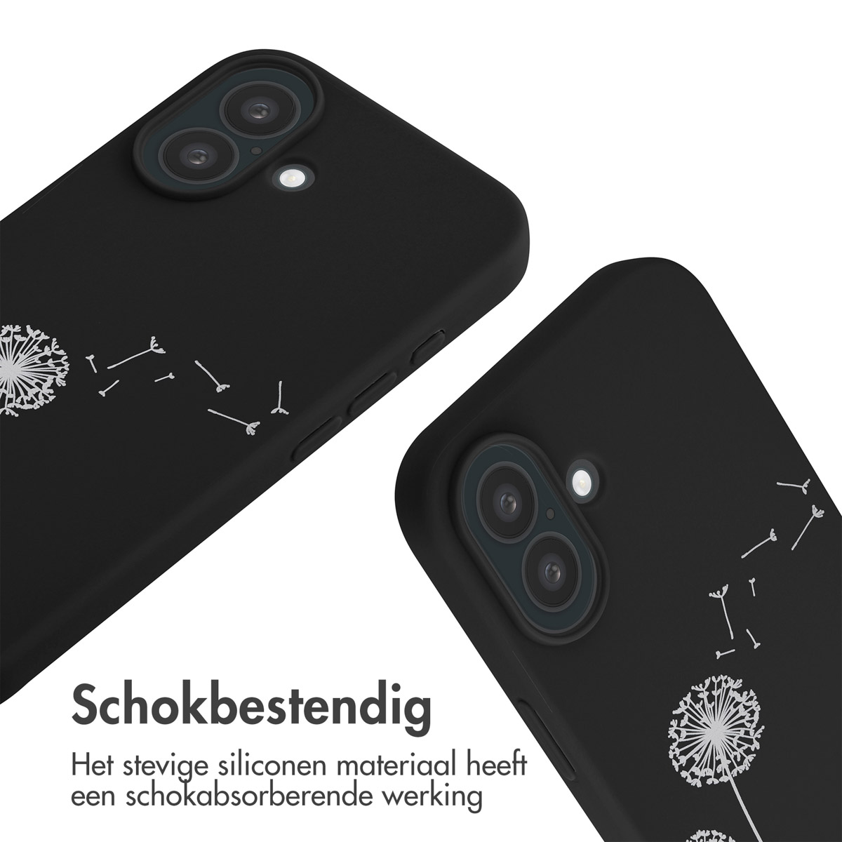 Zwarte telefoonhoesjes. Close-up van twee zwarte telefoonhoesjes met een paardenbloemontwerp en tekst.