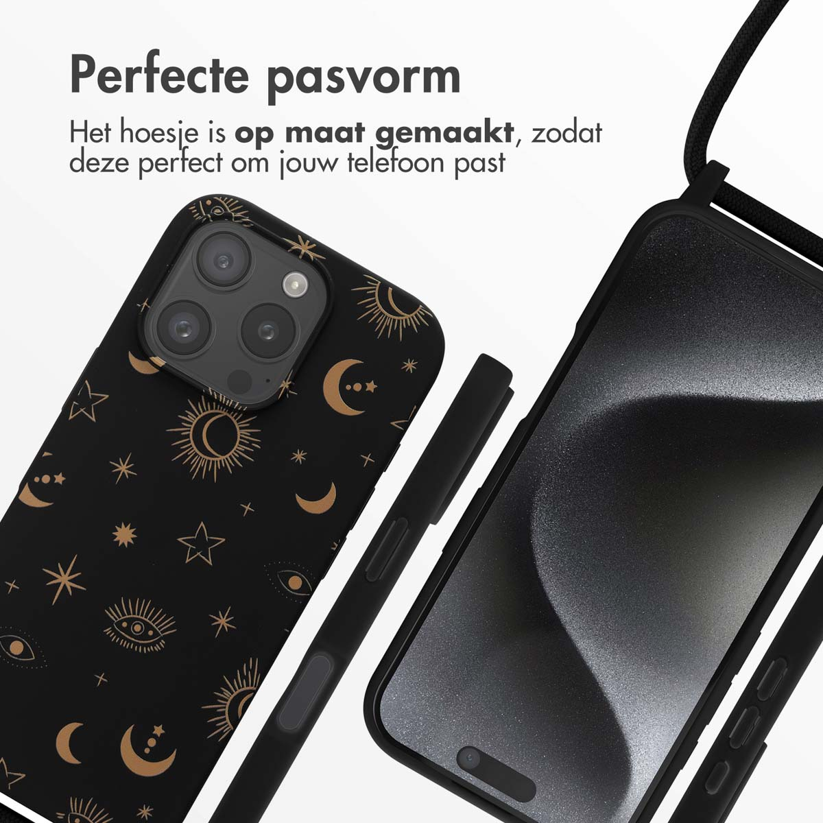 Twee telefoonhoesjes, één op telefoon. Eén met een hemels ontwerp, de andere zwart. Witte achtergrond met tekst.