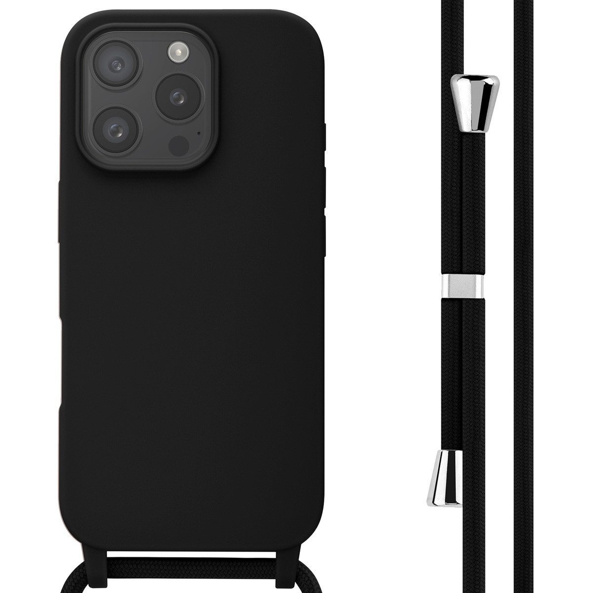 Zwarte telefoonhoes met een zwart koord. De hoes heeft een drievoudige camera en een zilveren metalen connector.