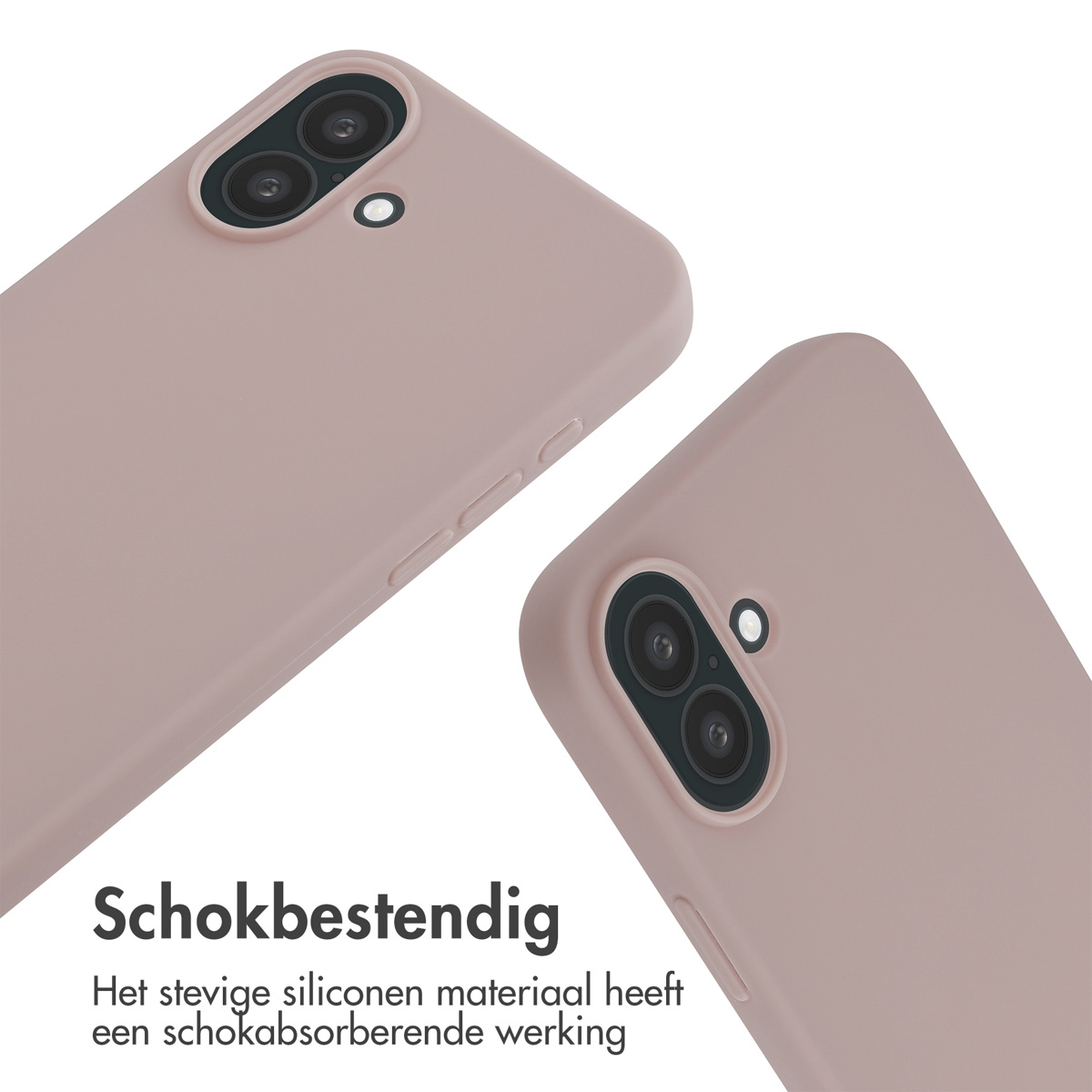 Twee roze telefoonhoesjes met een camera-uitsparing, die schokabsorberend materiaal laten zien.