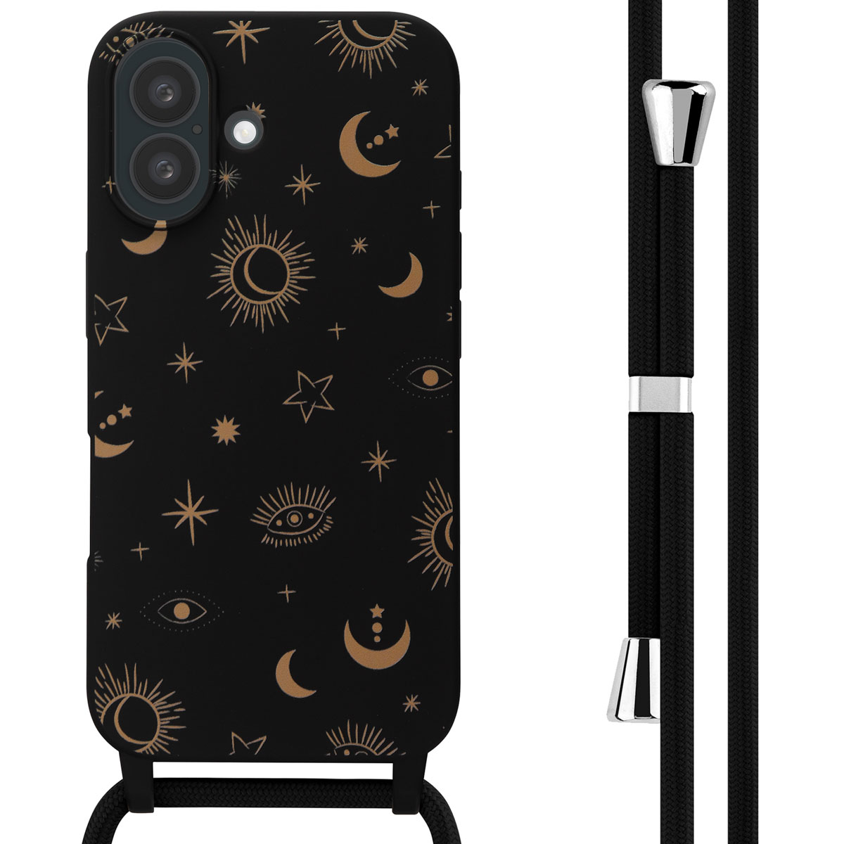 Zwarte telefoonhoes met hemelse ontwerpen, een bijpassend koord. Witte achtergrond.
