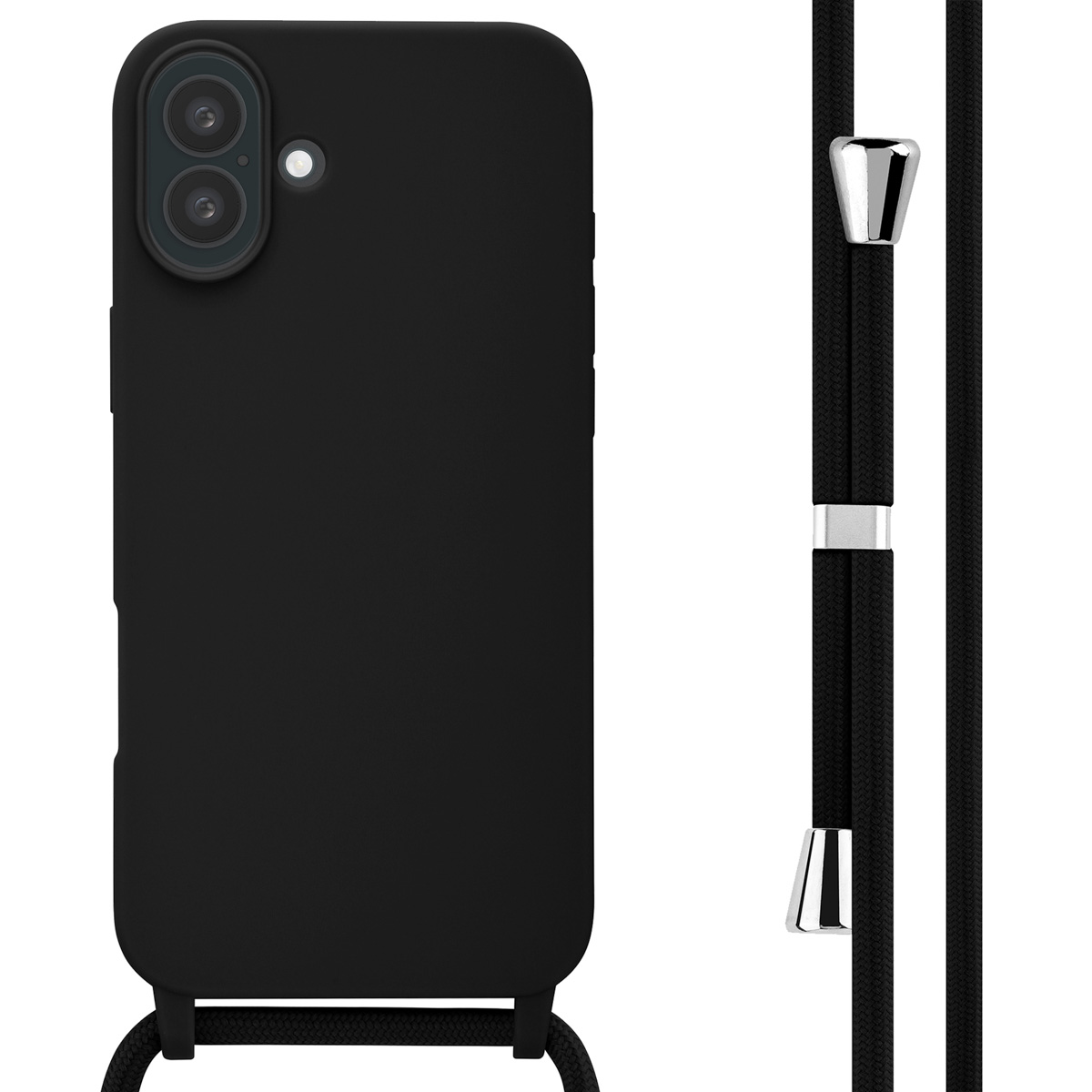 Zwarte telefoonhoes met een zwart koord, om een telefoon te dragen.