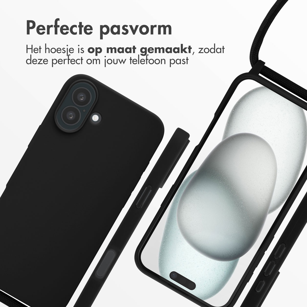 Close-up van een zwarte telefoonhoes en een telefoon. Tekst op de hoes luidt 'Perfecte pasvorm'.