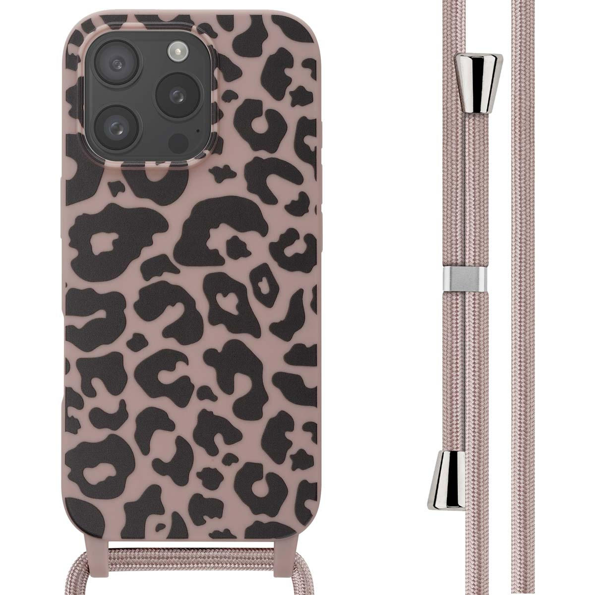 Telefoonhoesje met een luipaardpatroon en een roze koord. De hoes is aan het koord bevestigd.