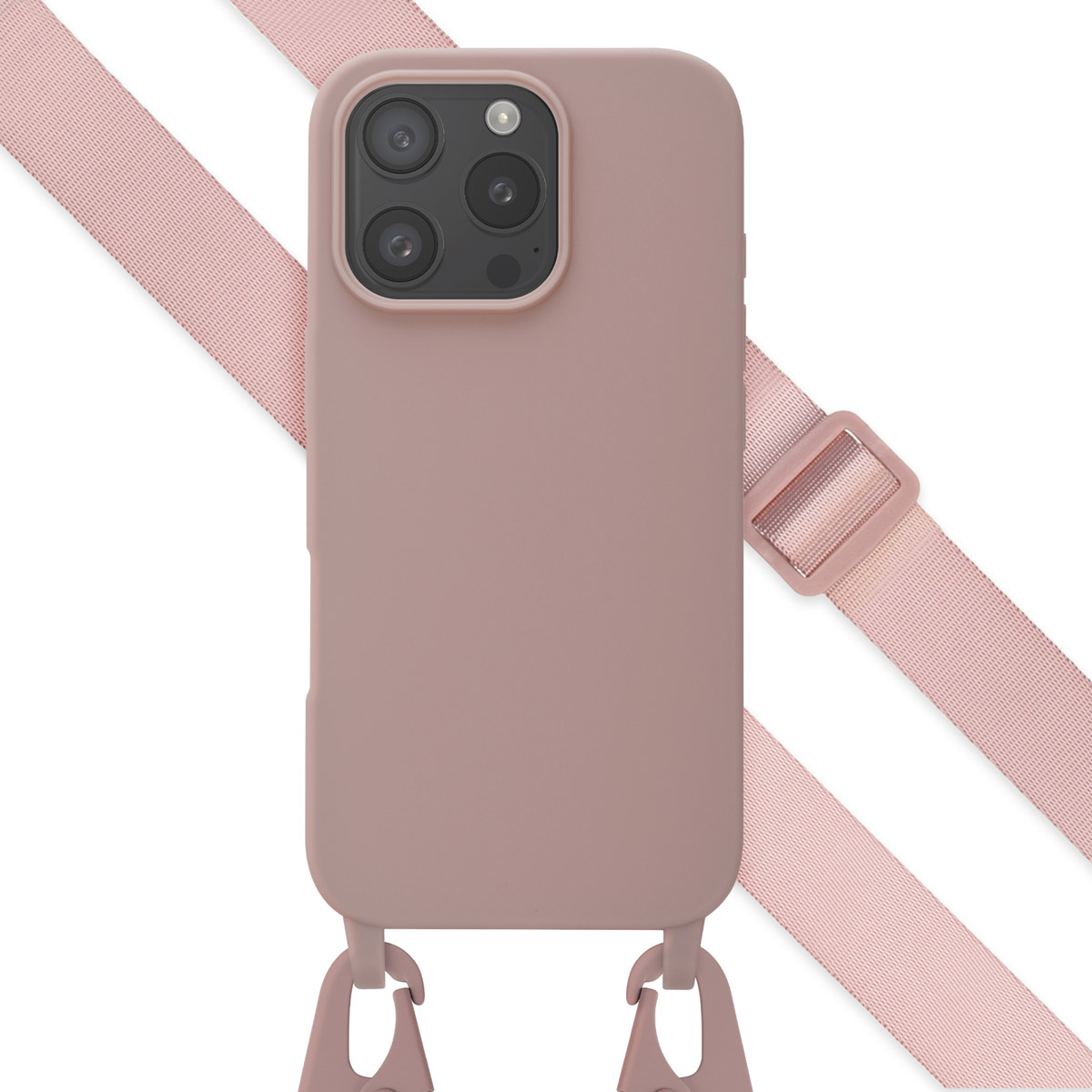 Coque de téléphone mauve avec sangle. La sangle a une boucle. Sur fond blanc.