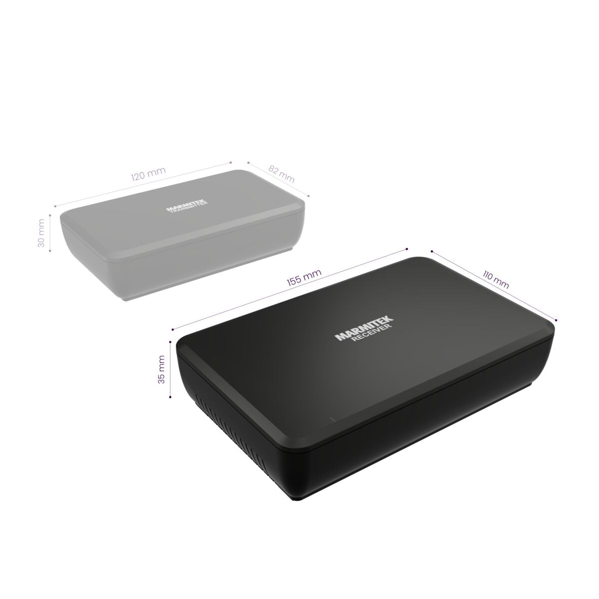 Two black rectangular receivers, one with dimensions labeled.
