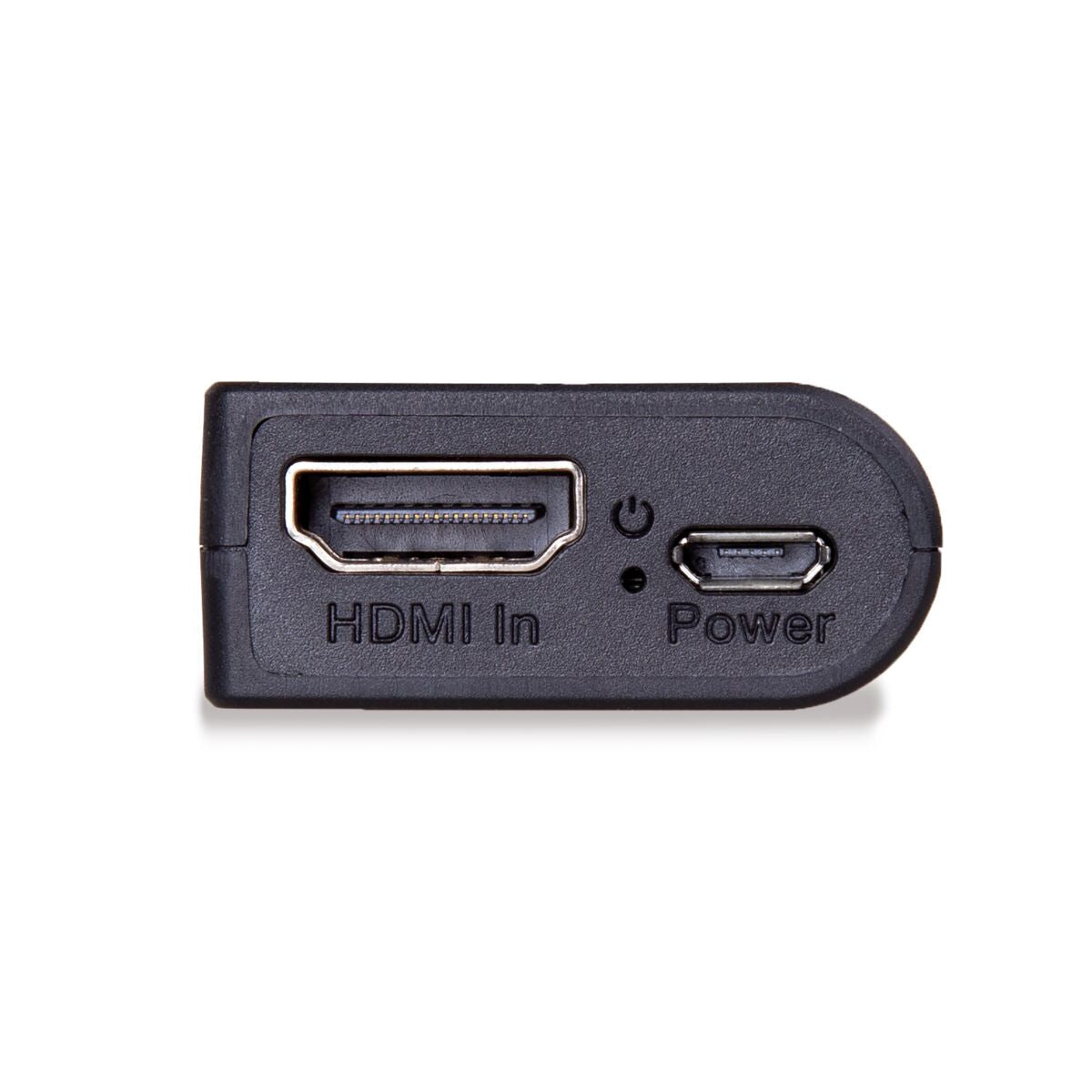 Black HDMI adapter with HDMI in and power ports, white background.