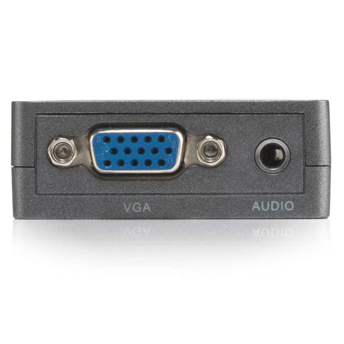 A VGA to Audio adapter, dark grey, with a VGA port, an audio port, and VGA/Audio labels.