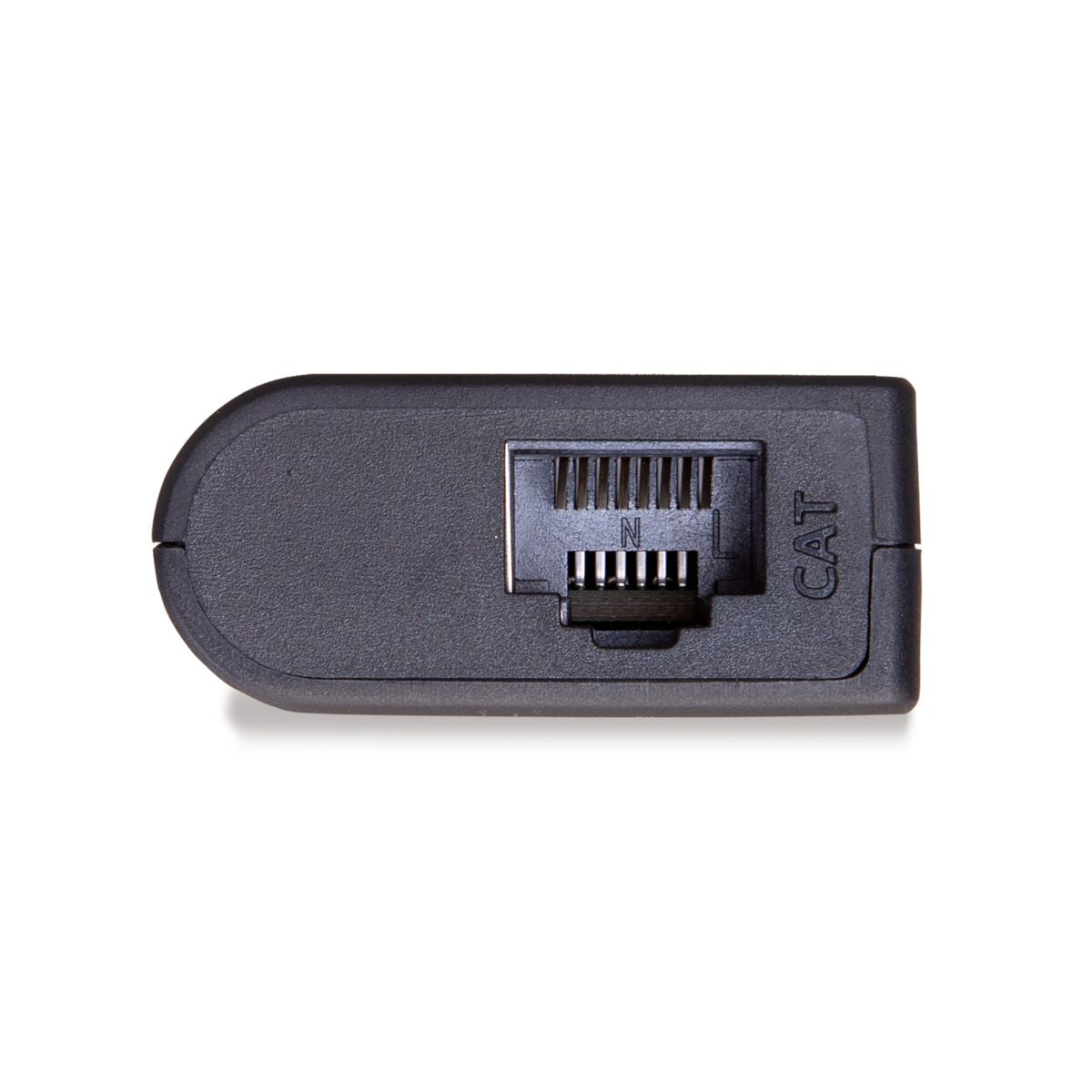 A black network connector. The connector has a port labeled 'CAT'.