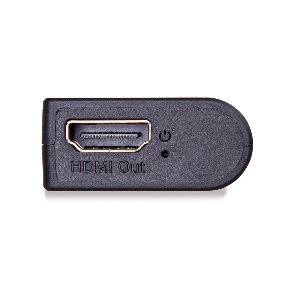 A black HDMI output adapter, showing the HDMI out port and the power button.