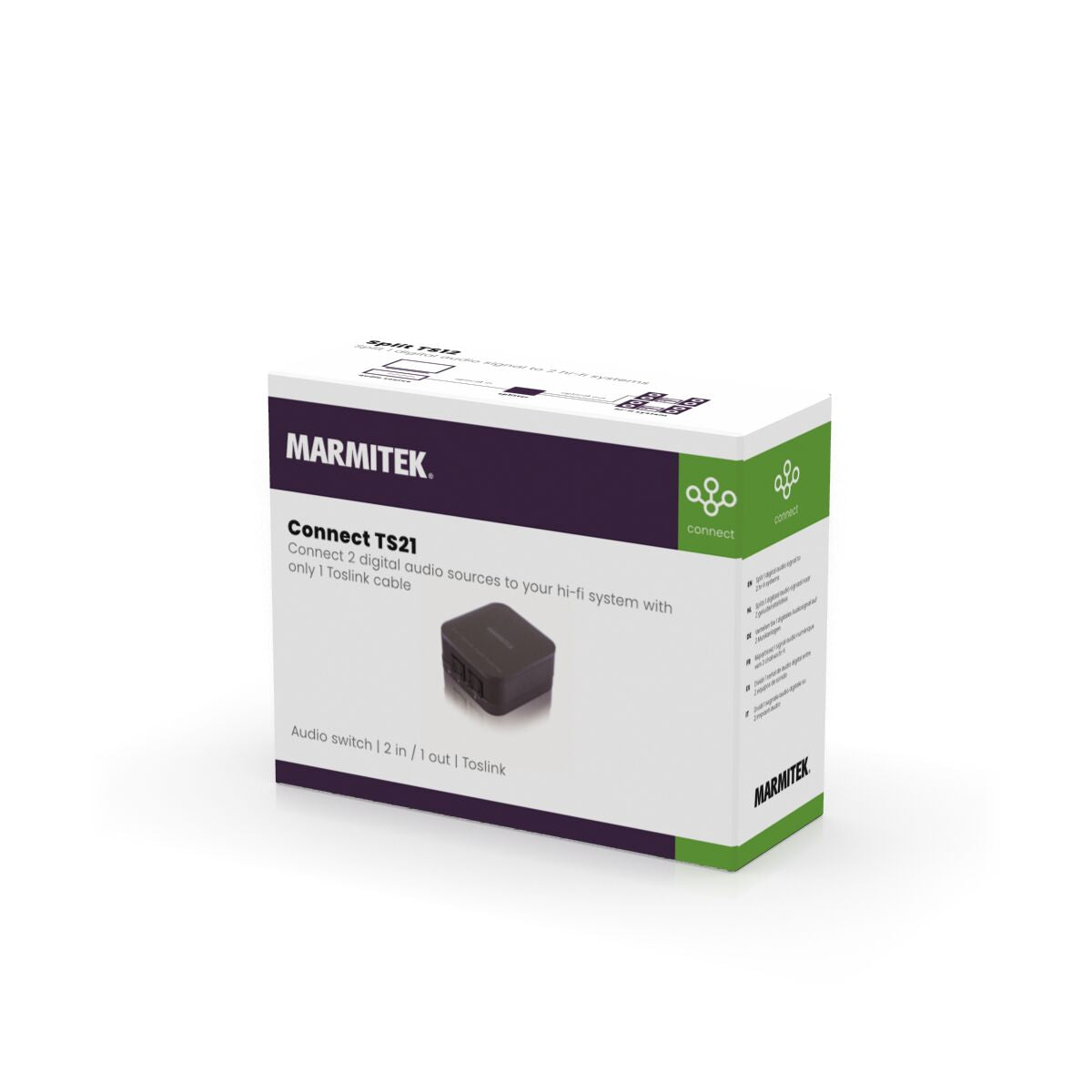 Boîte avec un commutateur audio noir. Le texte décrit le produit et ses caractéristiques.