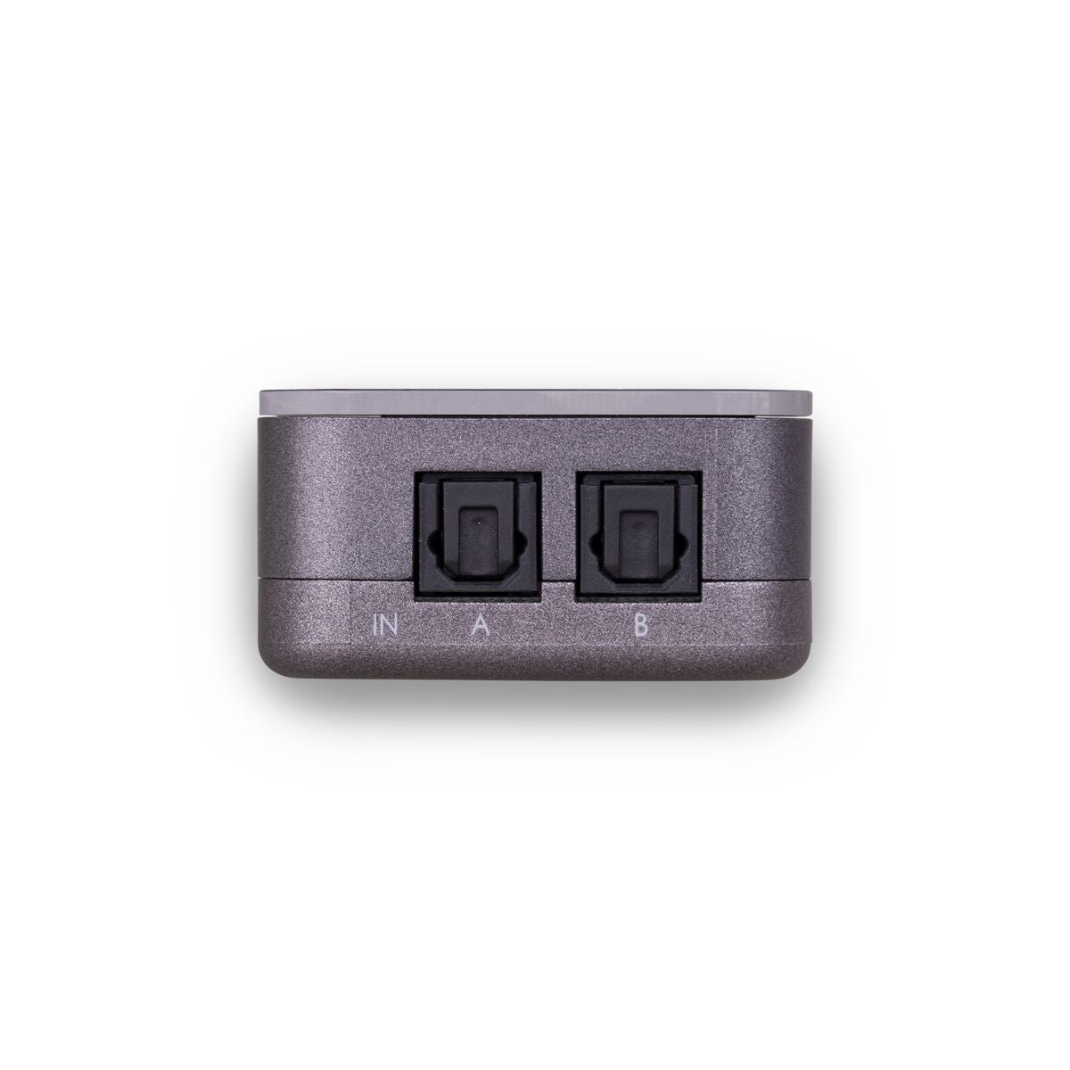 Appareil audio gris avec deux ports d'entrée noirs étiquetés 'IN', 'A' et 'B'.
