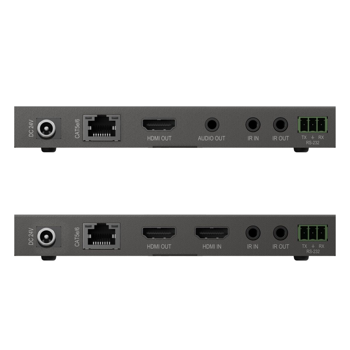 Two grey rectangular HDMI extenders with multiple ports.
