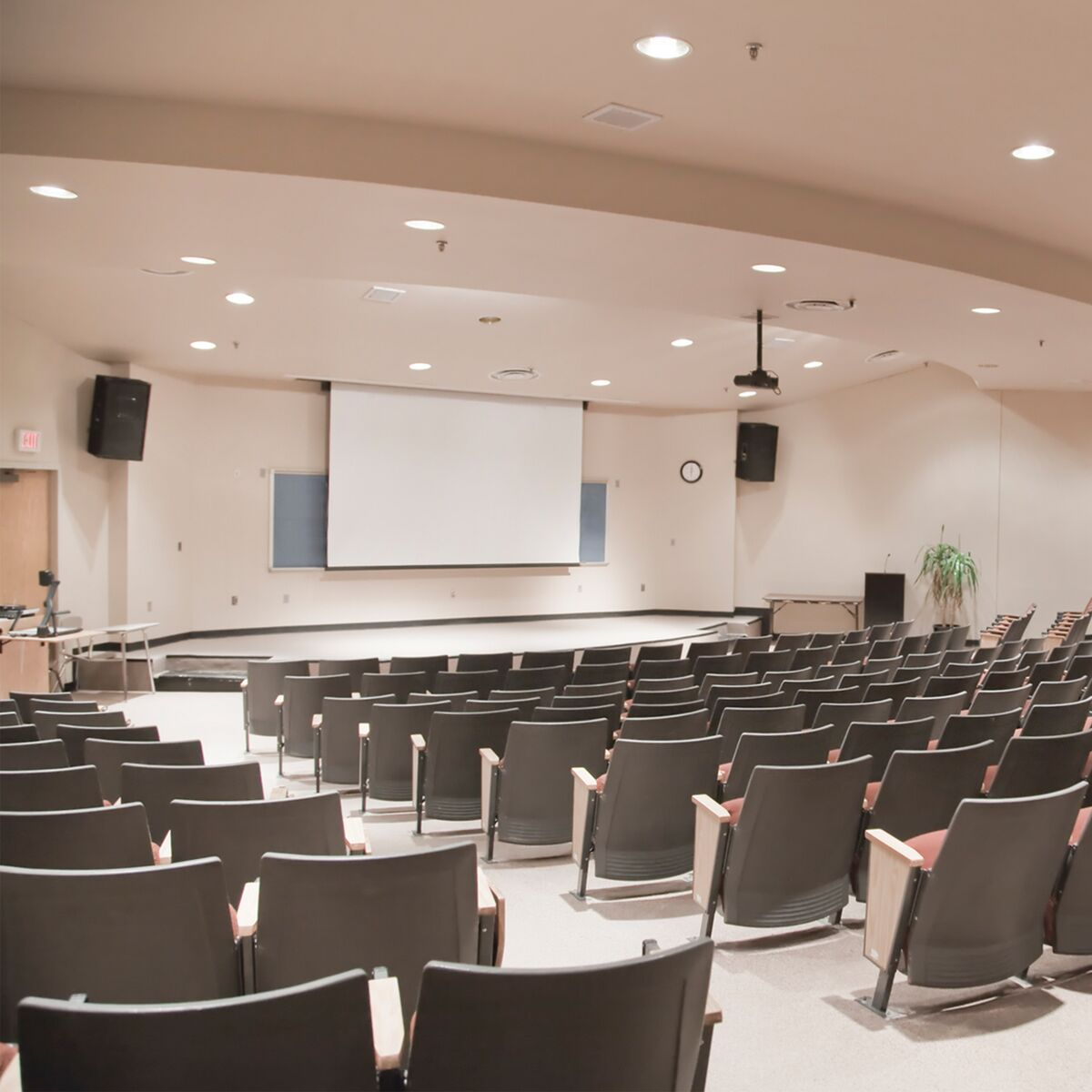 Auditorium with rows of seats, a projector, and a white screen.