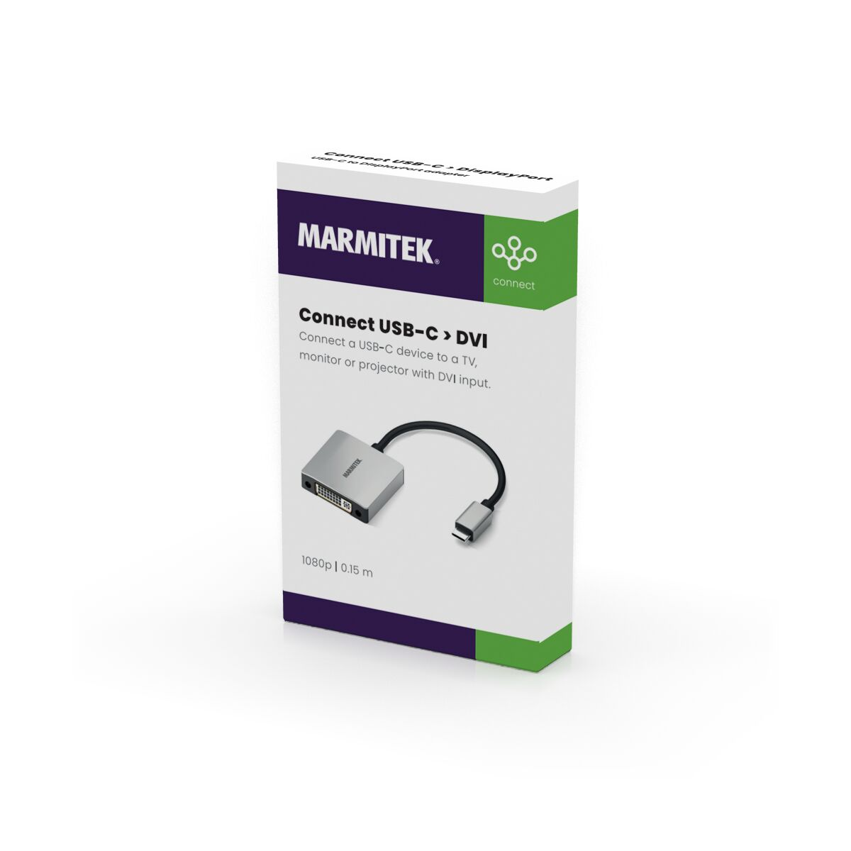 Eine weiße Schachtel mit einem silbernen USB-C-zu-DVI-Adapterkabel, beschriftet mit 'MARMITEK'.