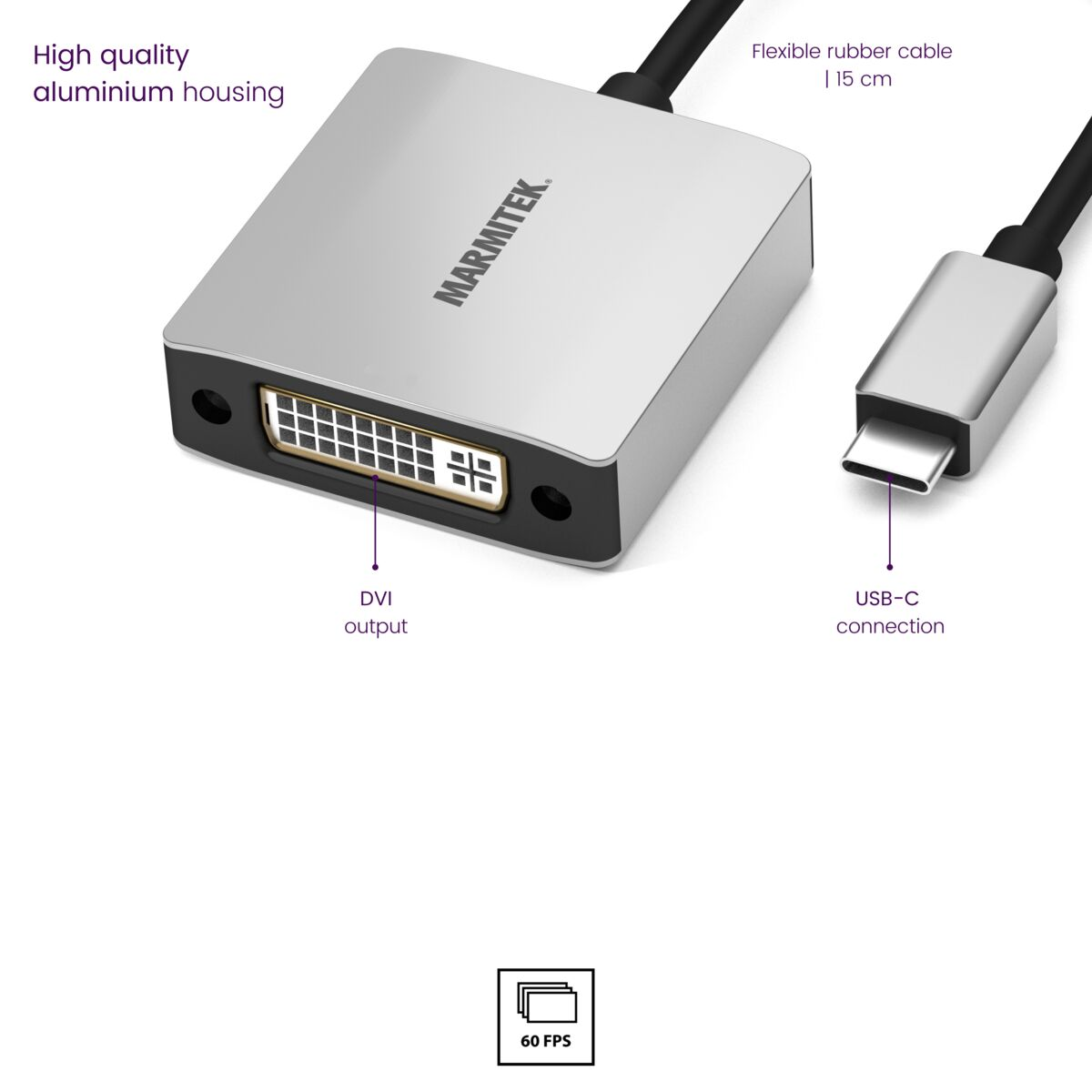 Silberner Adapter mit DVI- und USB-C-Anschlüssen, mit Text, der DVI-Ausgang und USB-C-Anschluss anzeigt.
