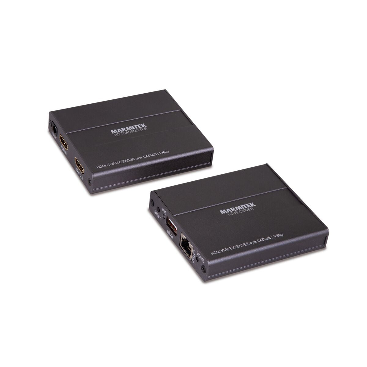 Zwei schwarze HDMI-KVM-Extender-Boxen. Sie haben HDMI-, USB- und Ethernet-Anschlüsse, Marke Marmitek.