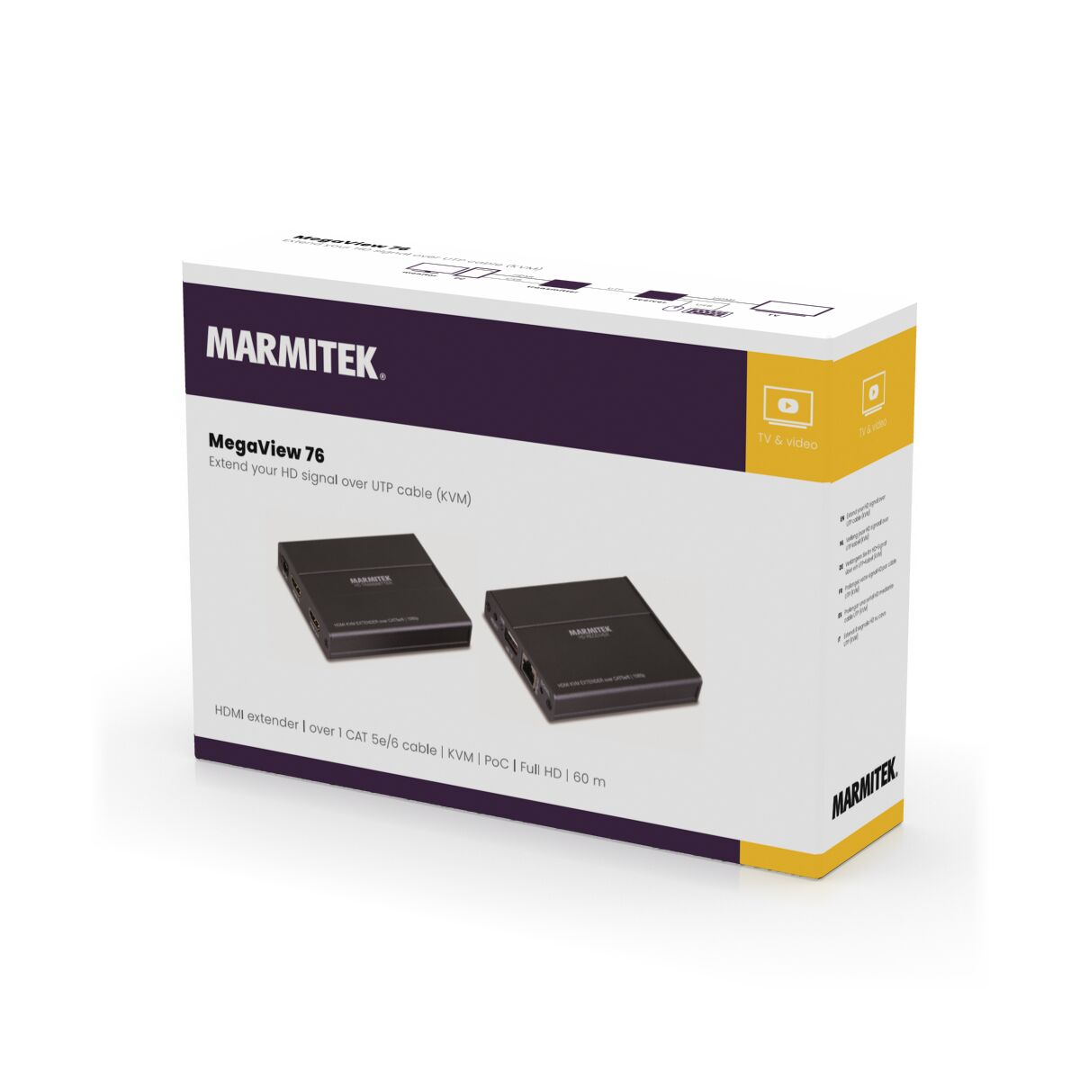 Eine Box mit HDMI-Extendern, mit Markennamen und Produktinformationen.