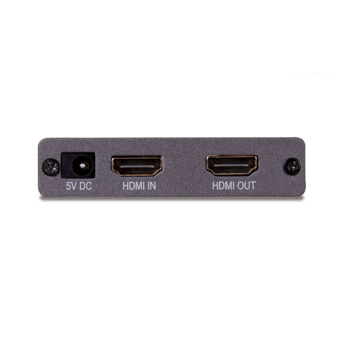 Ein grauer HDMI-Adapter mit 5V DC-, HDMI IN- und HDMI OUT-Anschlüssen.