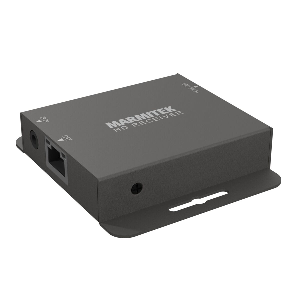 Gray Marmitek HD receiver box with ports and labels, angled view on a white background.