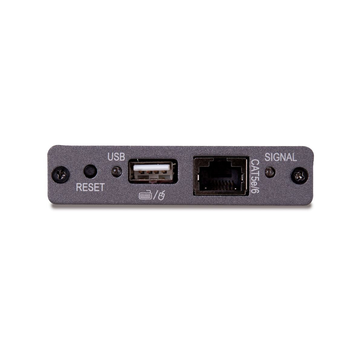 Nahaufnahme eines grauen Geräts mit USB- und Netzwerkanschlüssen und Reset-Taste.