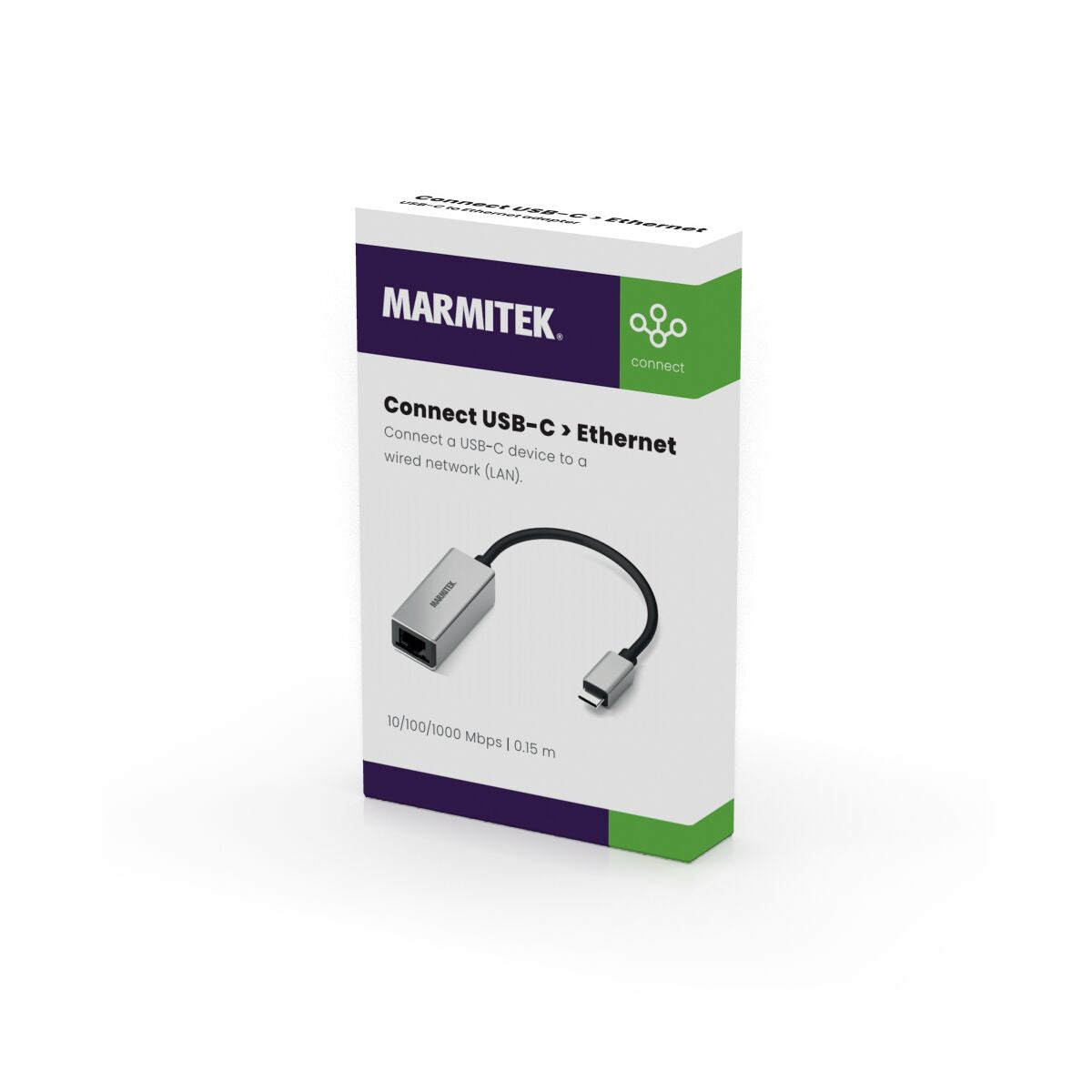 Weißer Karton mit USB-C-zu-Ethernet-Adapter. Adapter ist silberfarben und schwarzes Kabel.