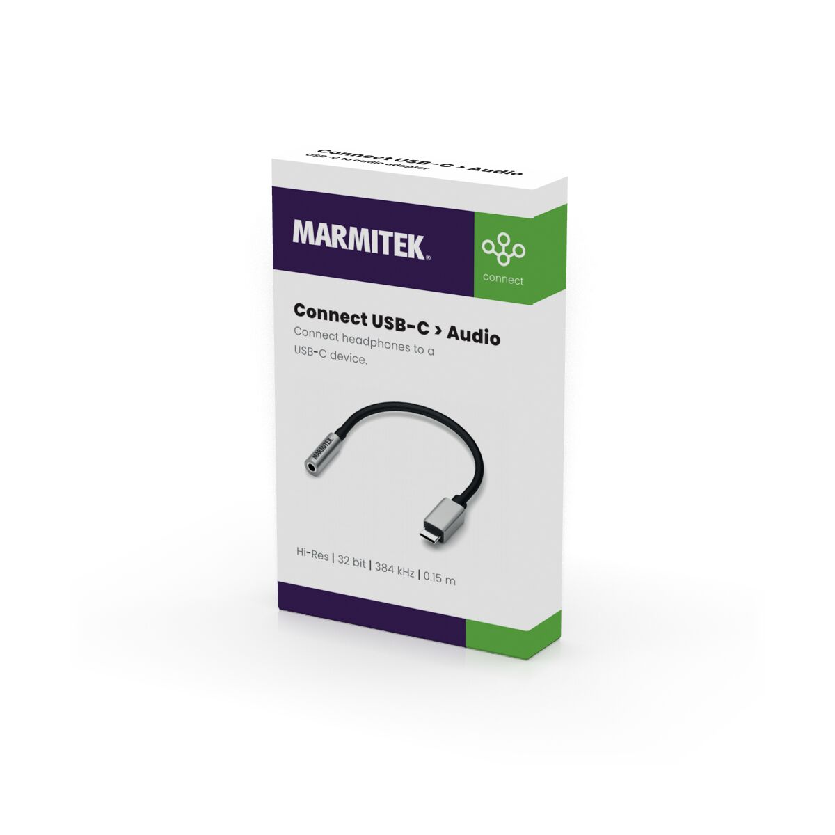 Adattatore audio in scatola, che collega USB-C alle cuffie, con un cavo nero.