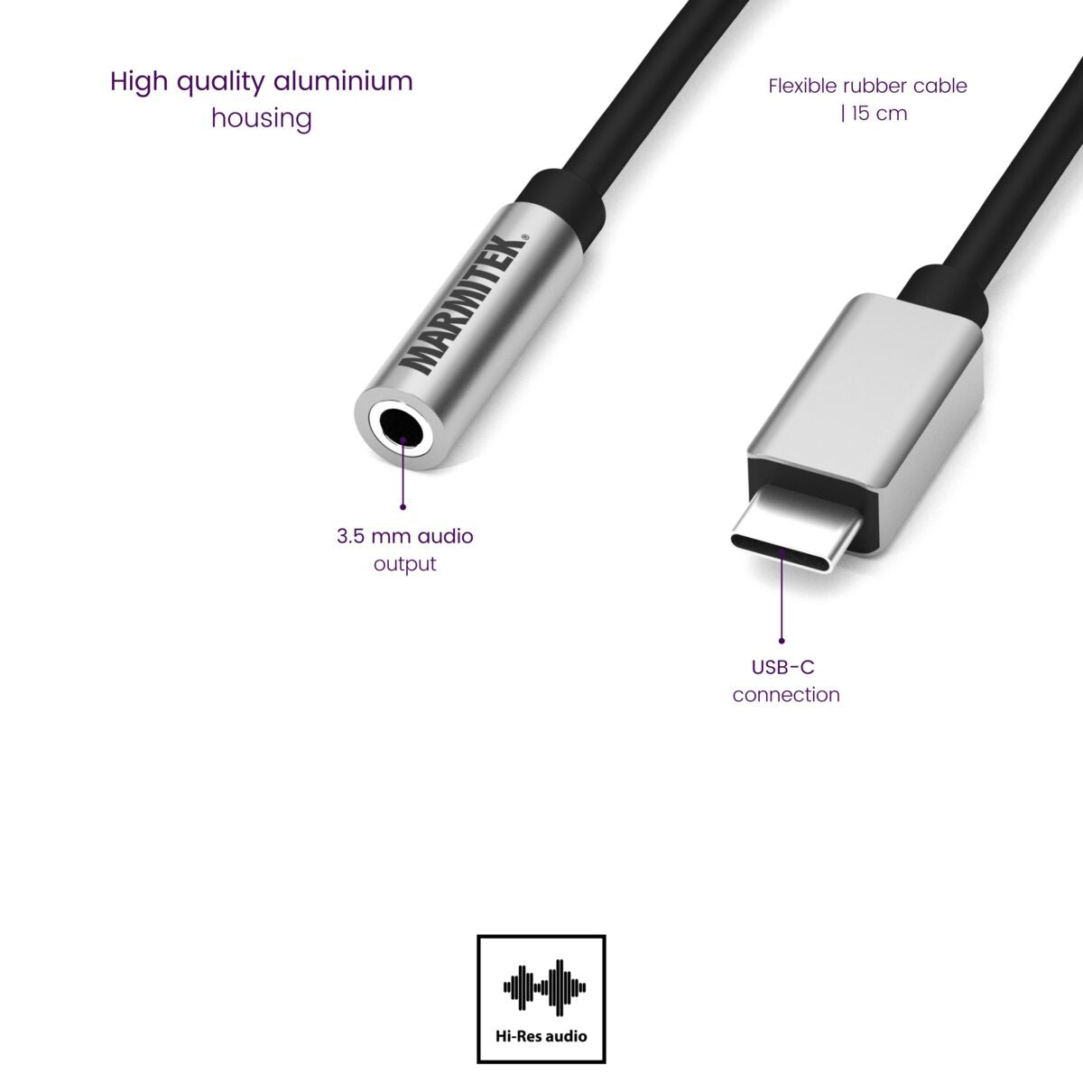 Un cavo audio argentato con uscita USB-C e 3,5 mm, con il testo 'MARMITEX'.