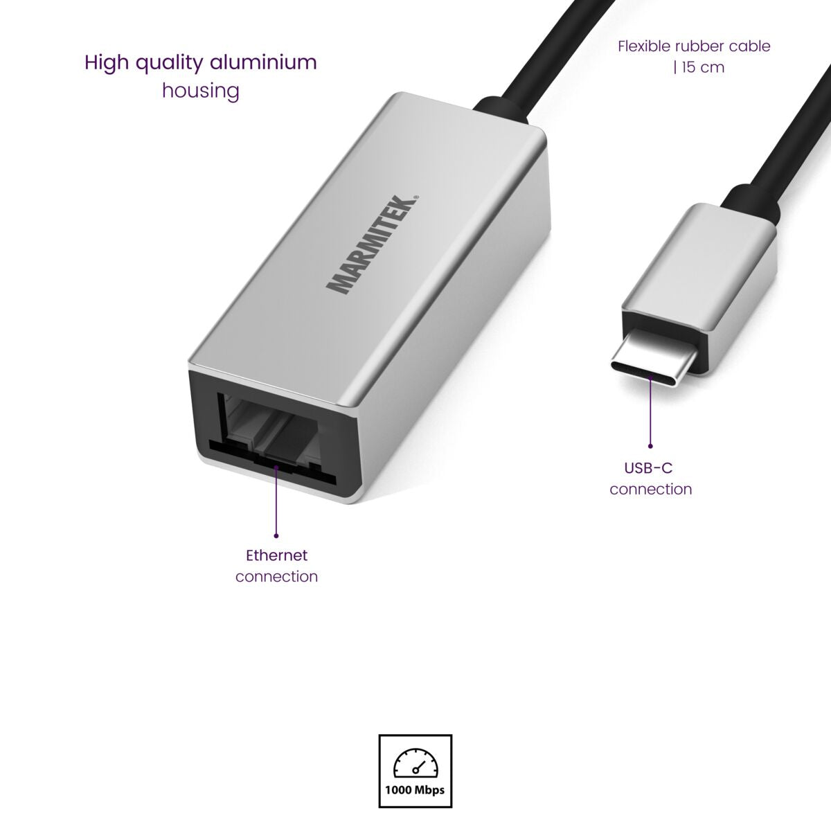 Silberner Ethernet-zu-USB-C-Adapter mit schwarzem Kabel und dem Text 'Marmitek'.