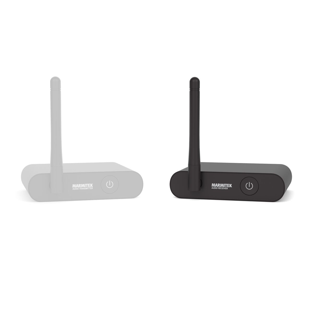 Twee zwart-witte draadloze ontvangers met antennes, tegen een witte achtergrond.