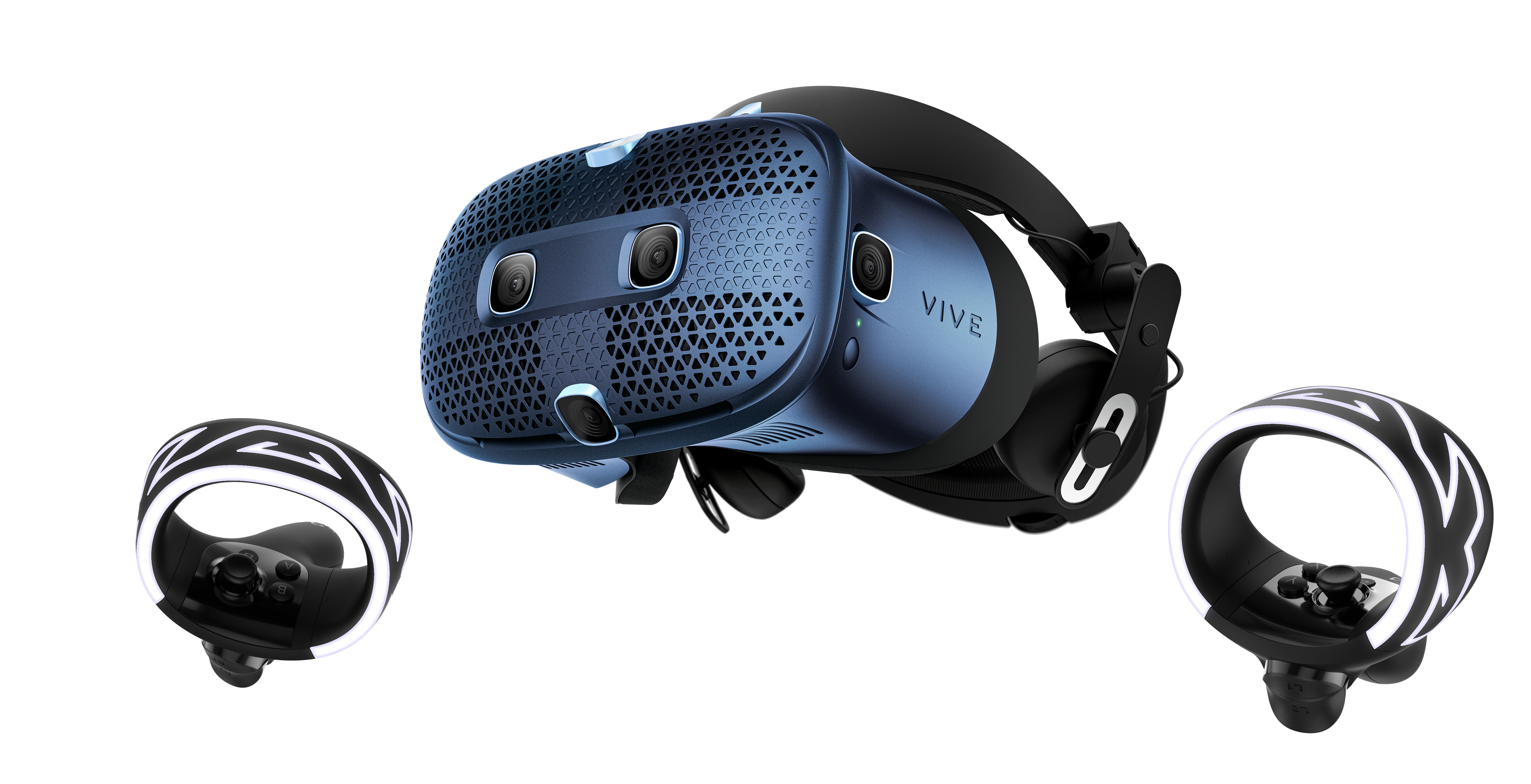 VR-Headset mit zwei Controllern, weißer Hintergrund, Fokus auf dem Headset.