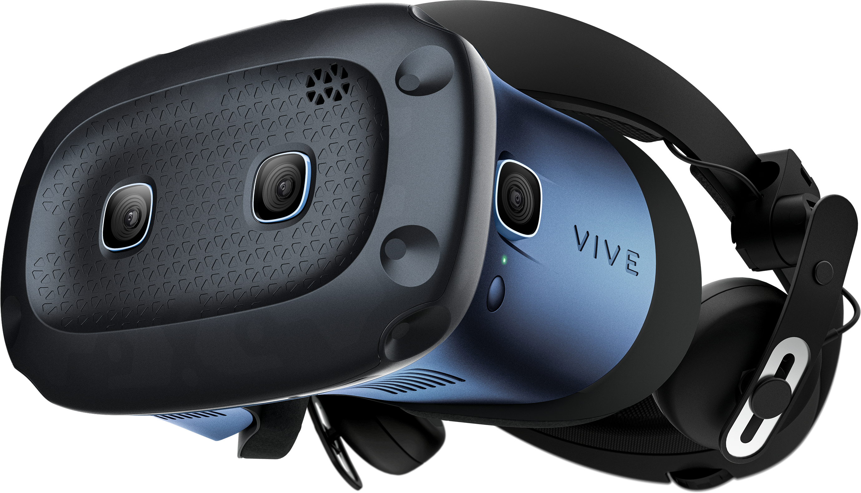 Zwei VR-Headsets, eines schwarz, eines blau, nebeneinander. Beide haben mehrere Kameras und das Wort VIVE auf dem blauen.