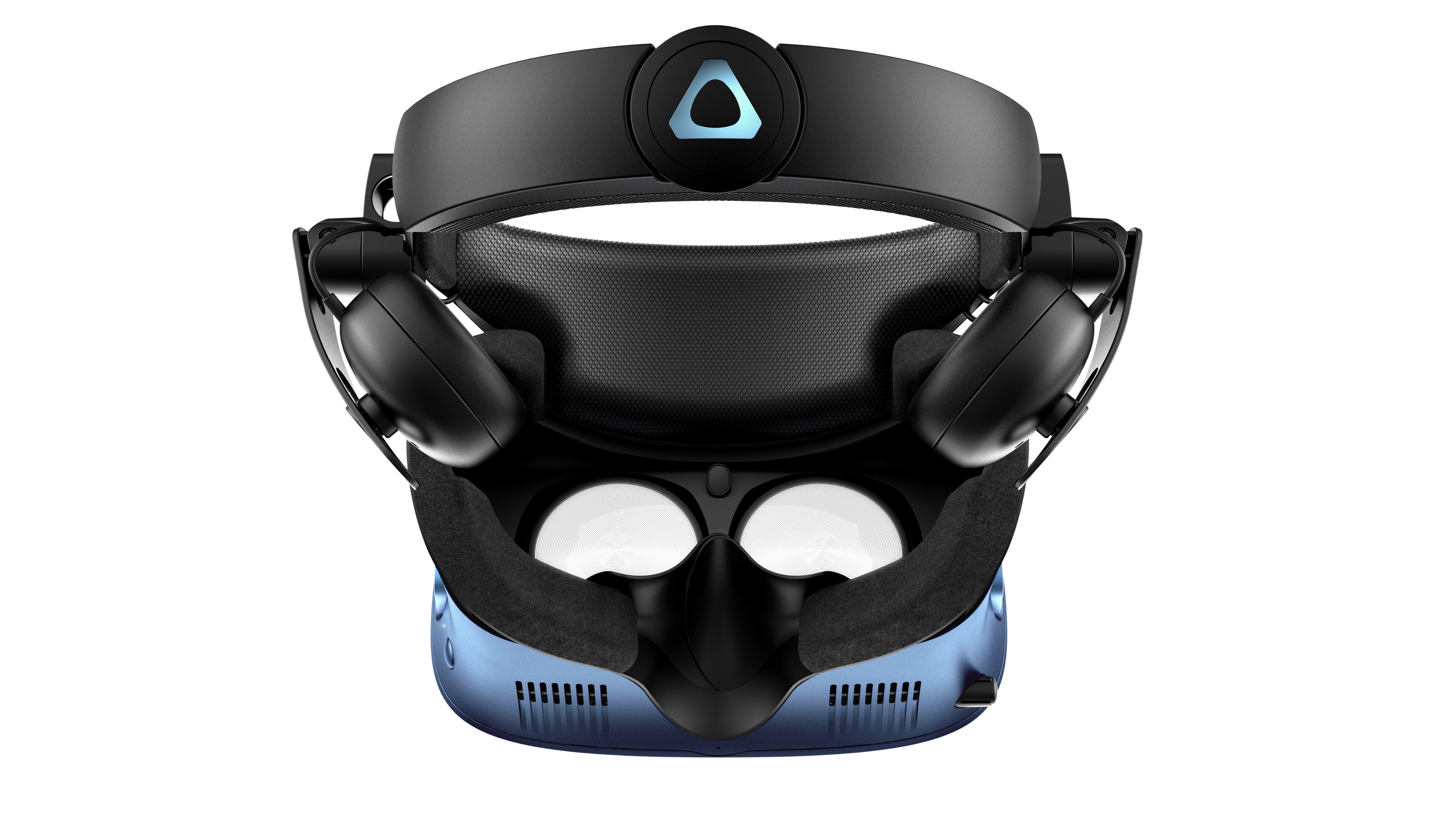 VR-Headset mit schwarzem und blauem Design, offen zur Anzeige der Augenhöhlen.