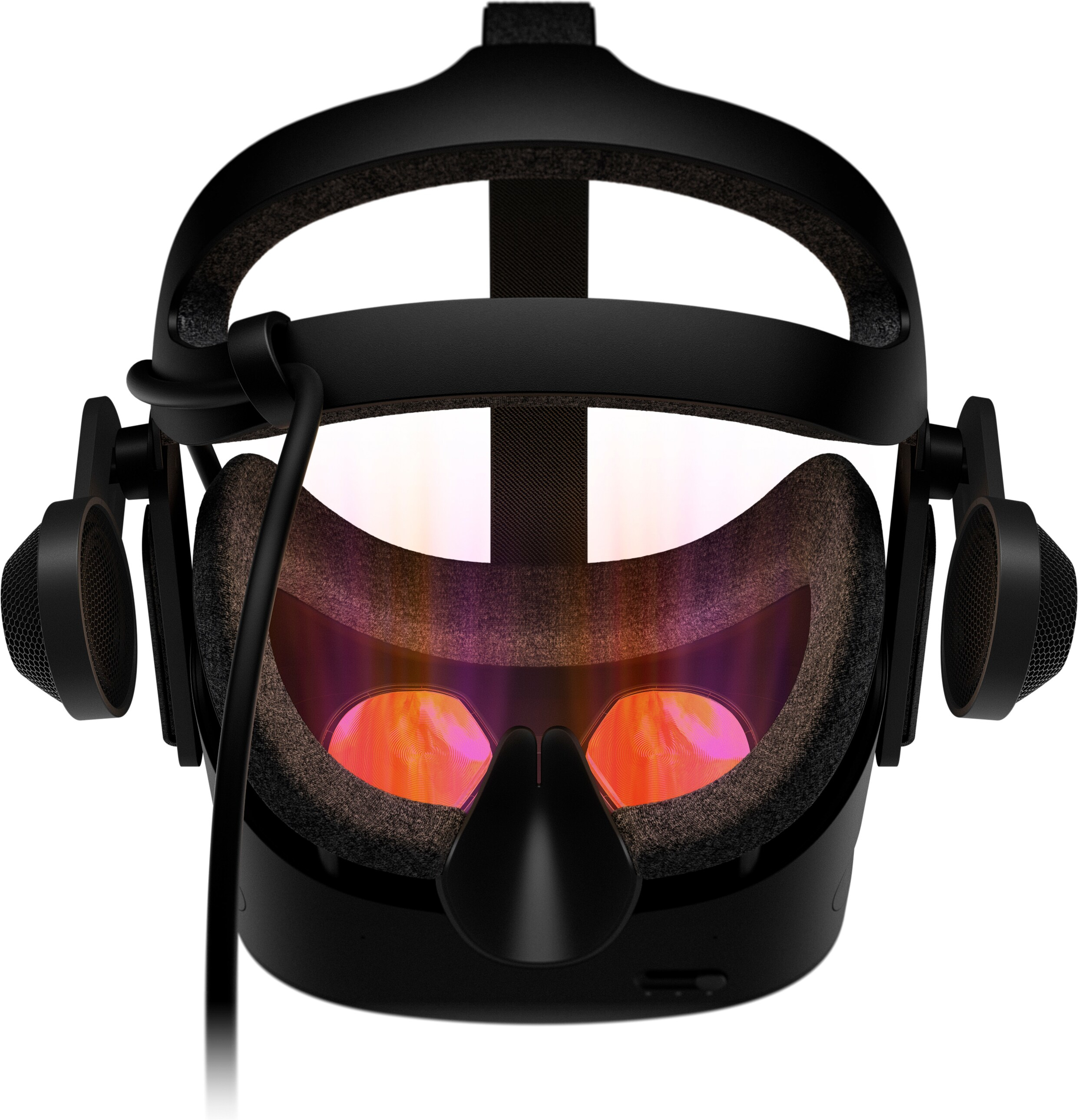 Ein schwarzes VR-Headset mit integrierten Kopfhörern und einem Kabel. Die Linsen zeigen orangefarbenes Licht.