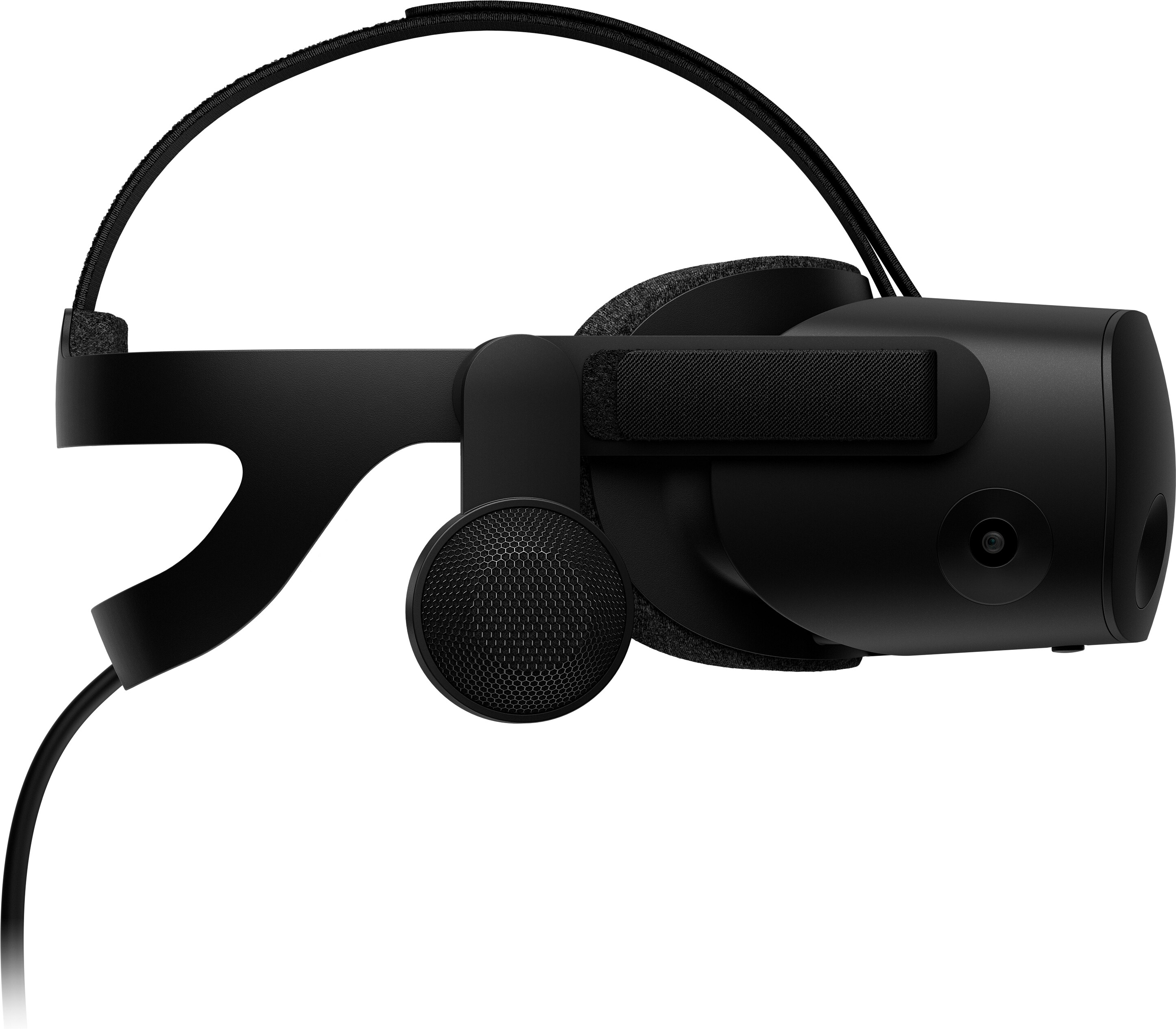 Ein schwarzes VR-Headset mit Kopfband und Mikrofon, von der Seite vor weißem Hintergrund betrachtet.
